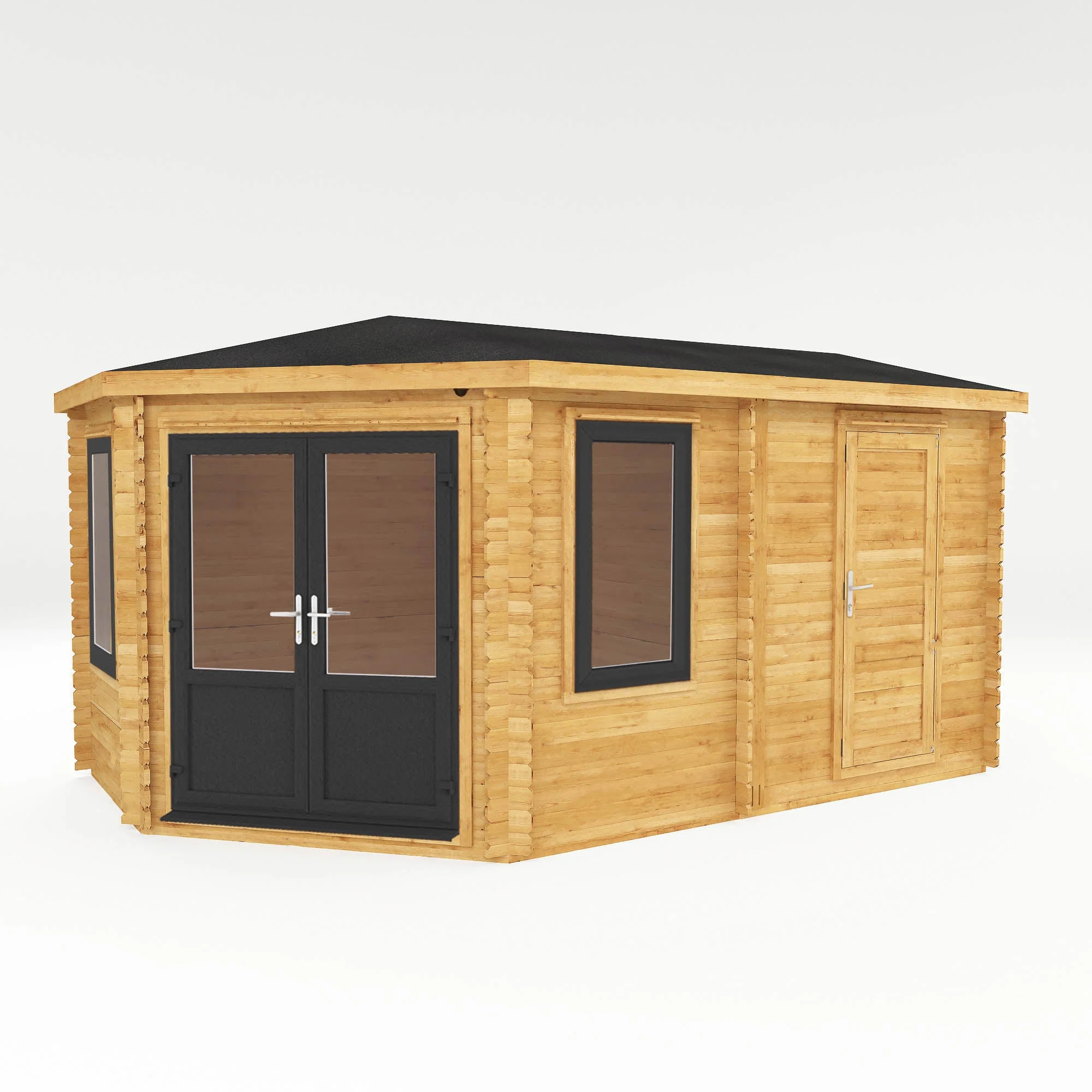 Mercia Corner 10' 4" x 16' 8" Hip Log Cabin Shed - Premium 44mm Cladding Loglap - Grey UPVC - Image 9