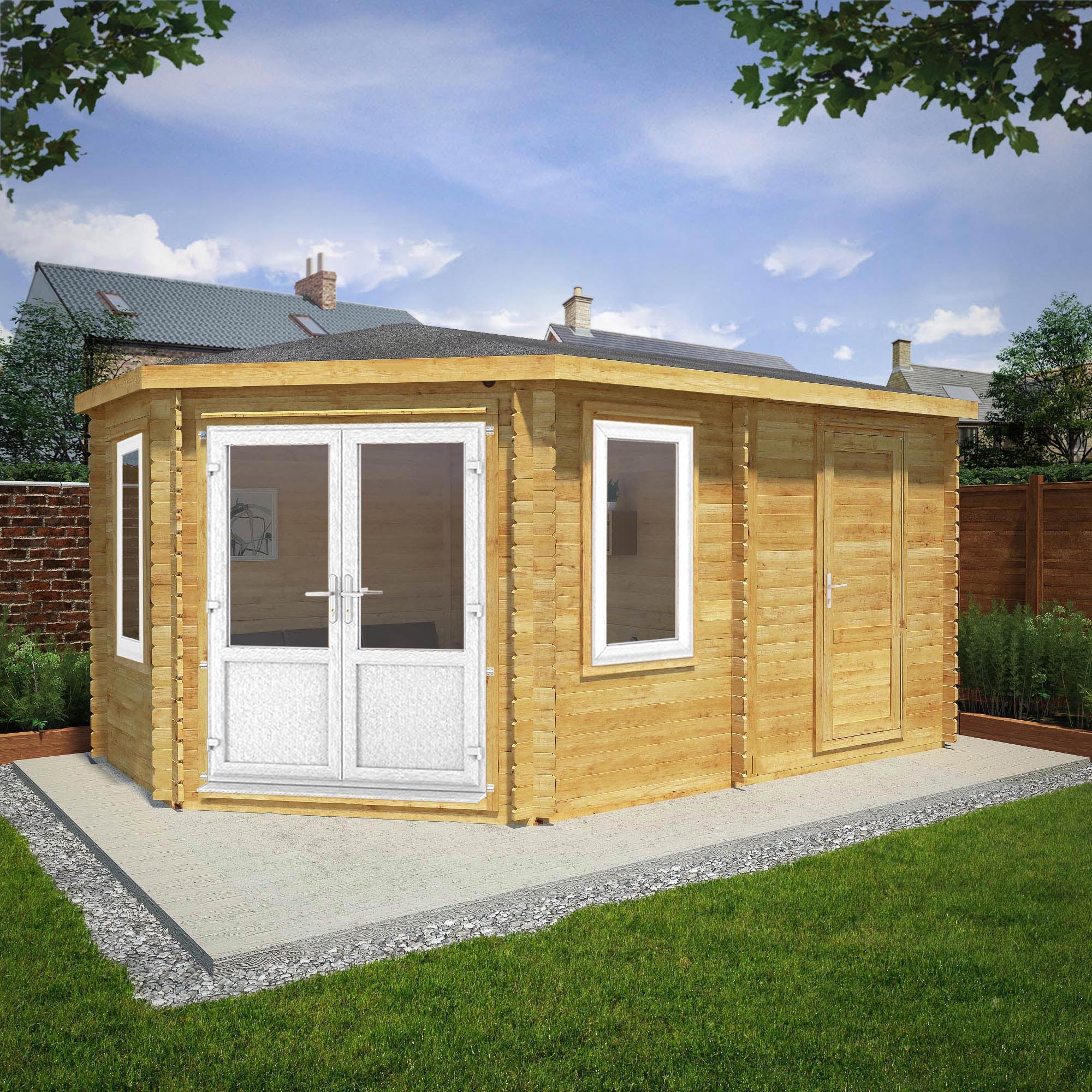 Mercia Corner 10' 4" x 16' 8" Hip Log Cabin Shed - Premium 44mm Cladding Loglap - White UPVC - Image 2