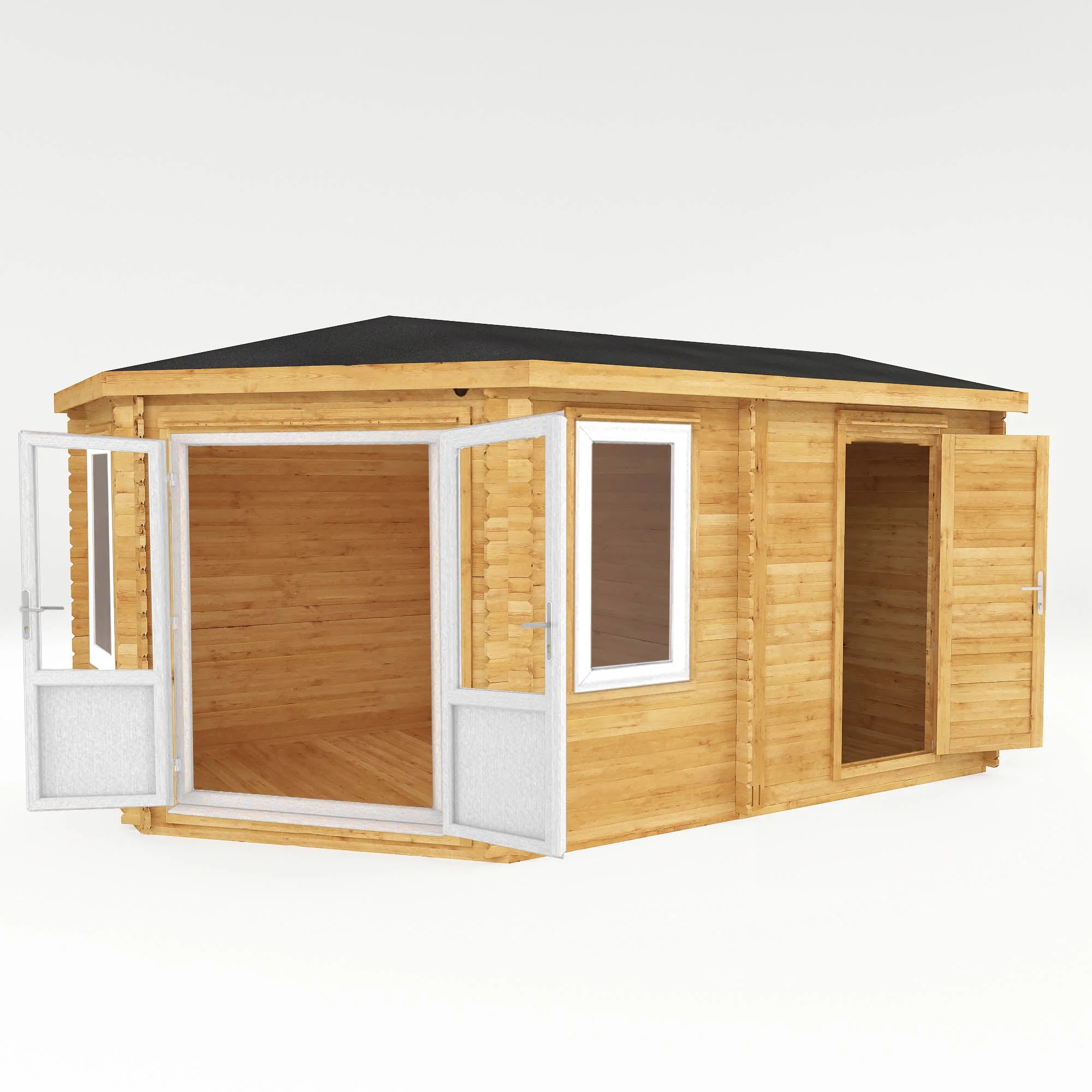 Mercia Corner 10' 4" x 16' 8" Hip Log Cabin Shed - Premium 44mm Cladding Loglap - White UPVC - Image 7