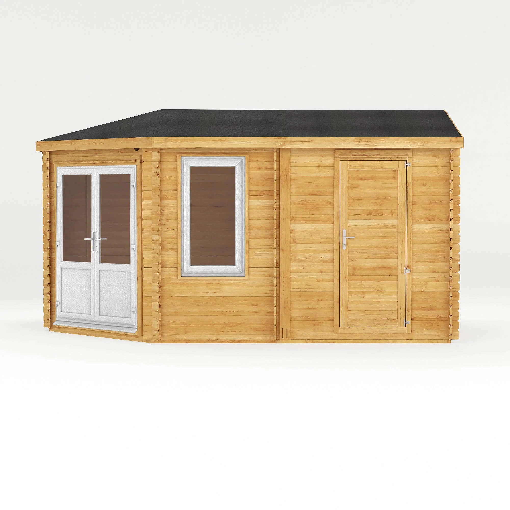 Mercia Corner 10' 4" x 16' 8" Hip Log Cabin Shed - Premium 44mm Cladding Loglap - White UPVC - Image 9
