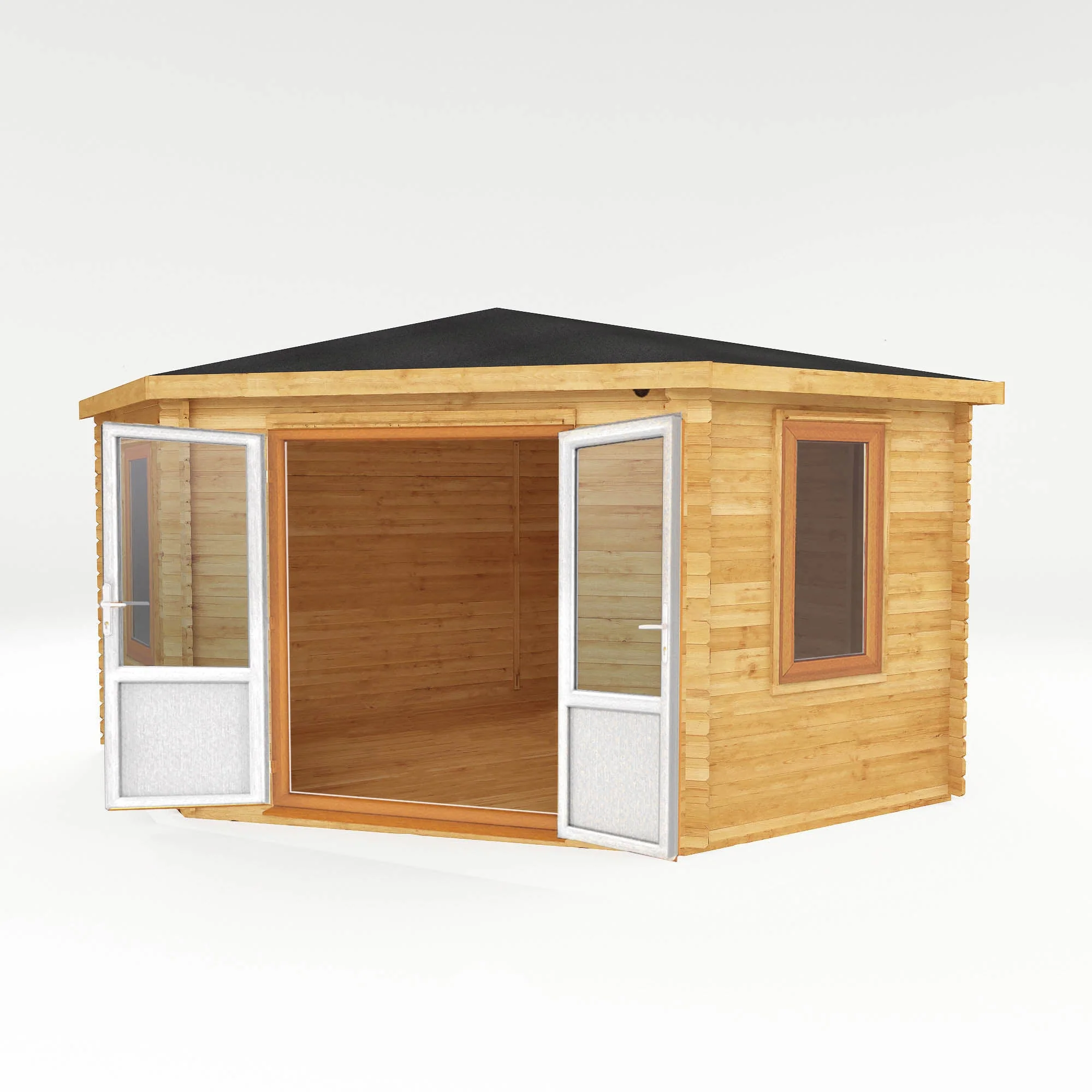 Mercia Corner 13' 7" x 13' 5" Hip Log Cabin - Premium 44mm Cladding Loglap - Brown UPVC - Image 10