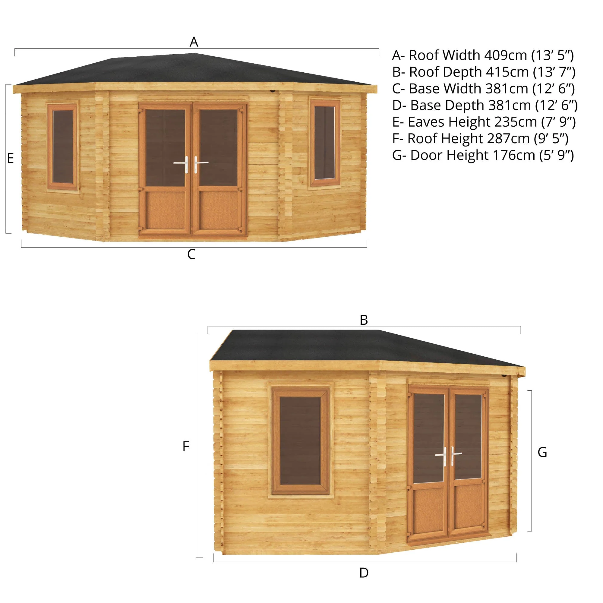 Mercia Corner 13' 7" x 13' 5" Hip Log Cabin - Premium 44mm Cladding Loglap - Brown UPVC - Image 12