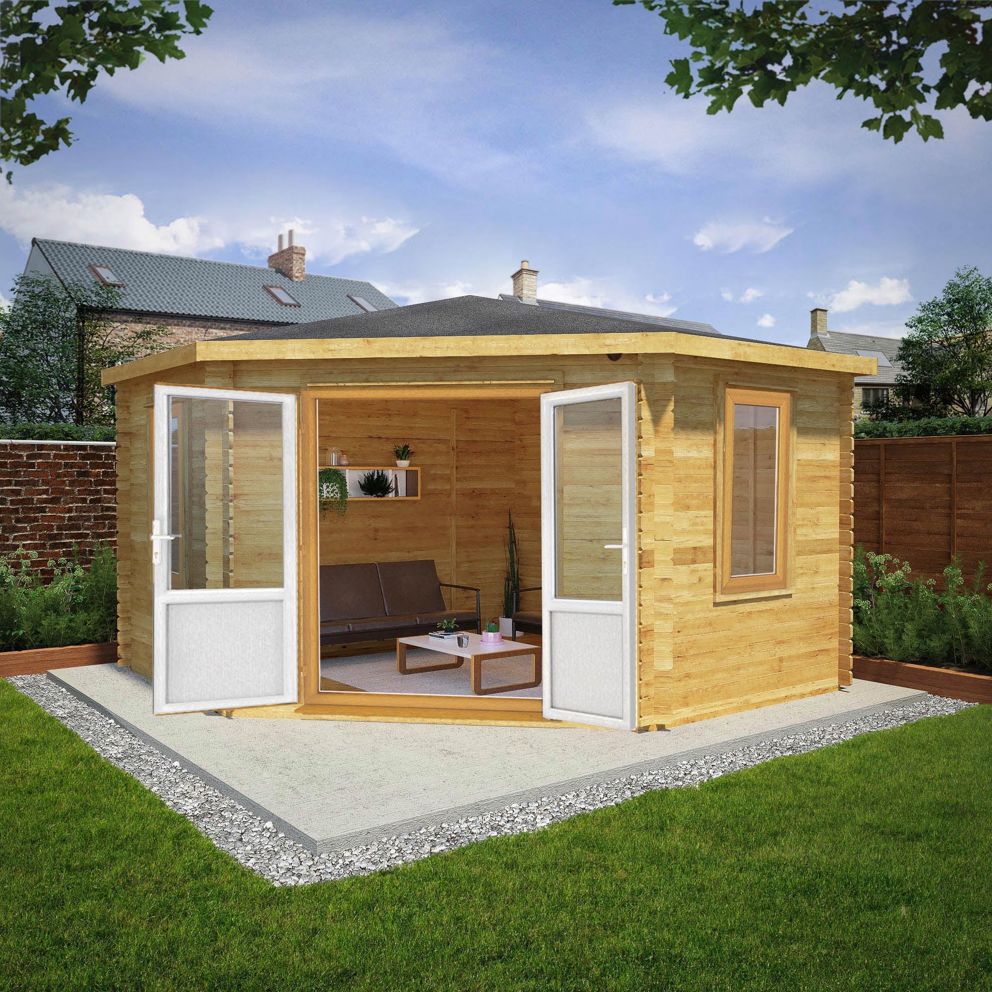 Mercia Corner 13' 7" x 13' 5" Hip Log Cabin - Premium 44mm Cladding Loglap - Brown UPVC - Image 2
