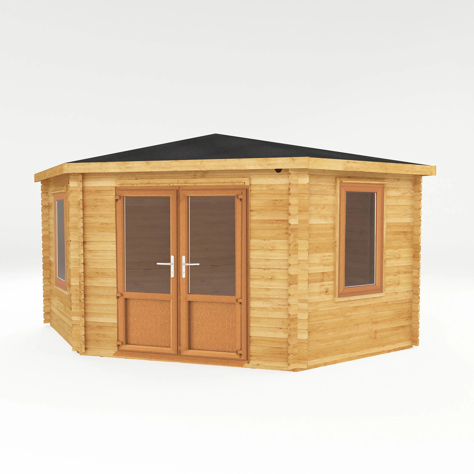 Mercia Corner 13' 7" x 13' 5" Hip Log Cabin - Premium 44mm Cladding Loglap - Brown UPVC - Image 9