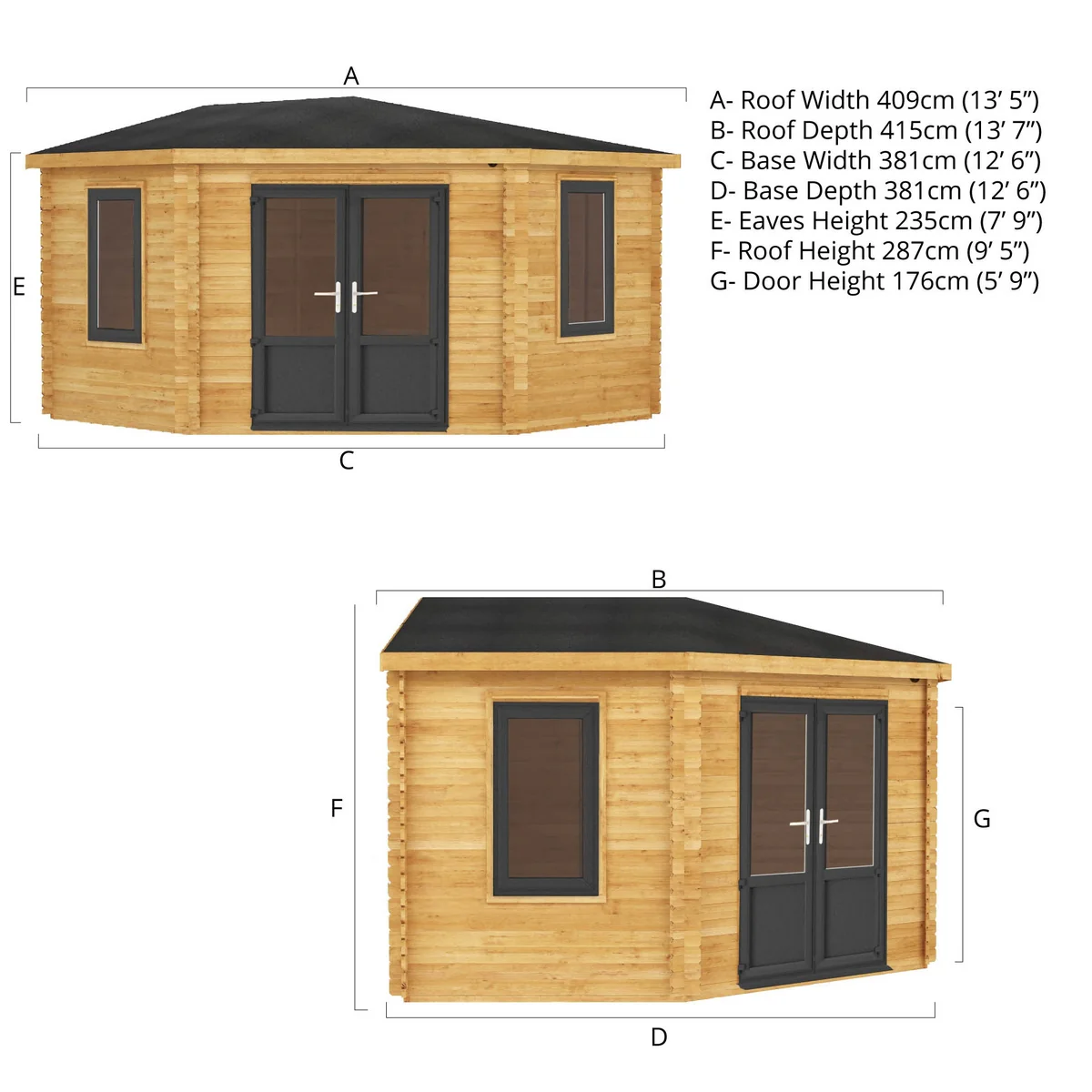 Mercia Corner 13' 7" x 13' 5" Hip Log Cabin - Premium 44mm Cladding Loglap - Grey UPVC - Image 10