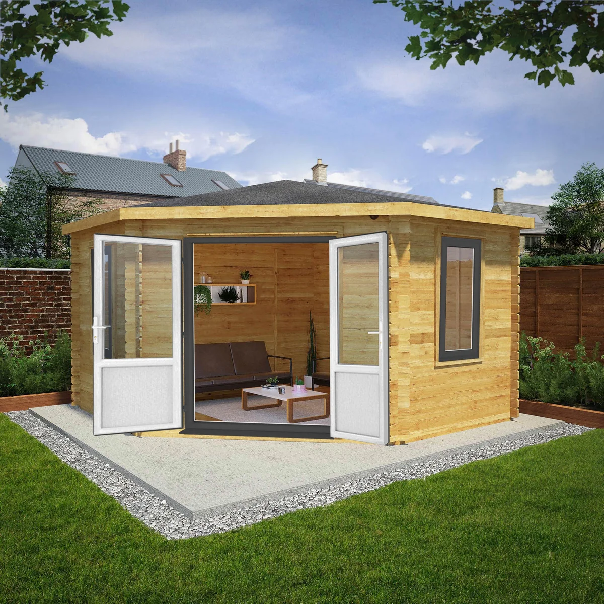Mercia Corner 13' 7" x 13' 5" Hip Log Cabin - Premium 44mm Cladding Loglap - Grey UPVC - Image 3