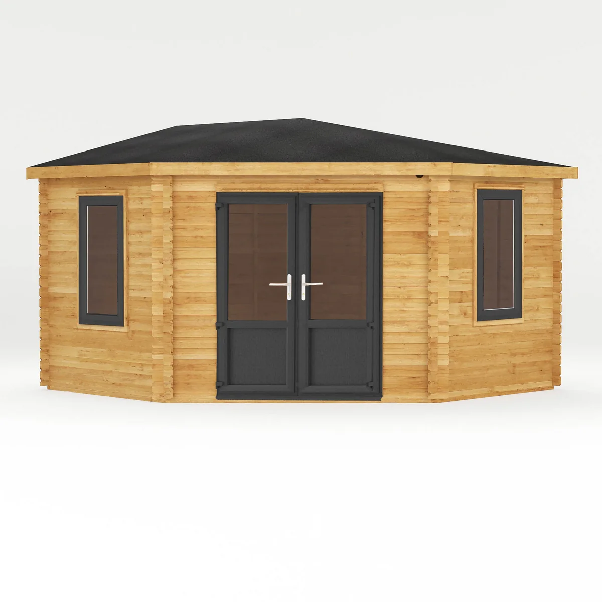 Mercia Corner 13' 7" x 13' 5" Hip Log Cabin - Premium 44mm Cladding Loglap - Grey UPVC - Image 4