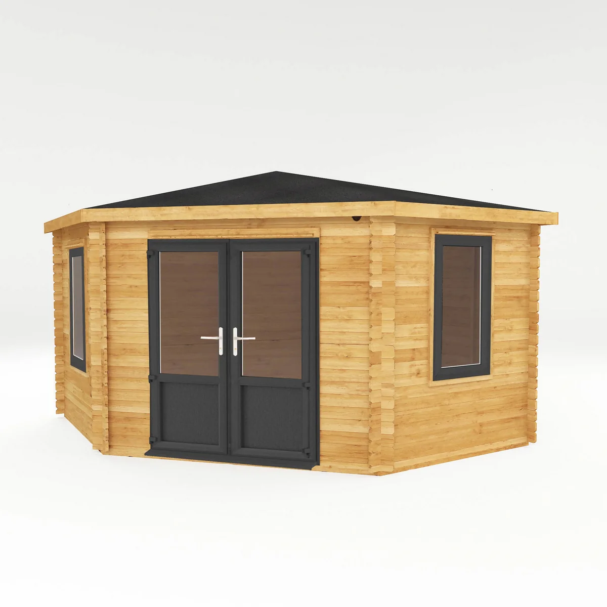 Mercia Corner 13' 7" x 13' 5" Hip Log Cabin - Premium 44mm Cladding Loglap - Grey UPVC - Image 6
