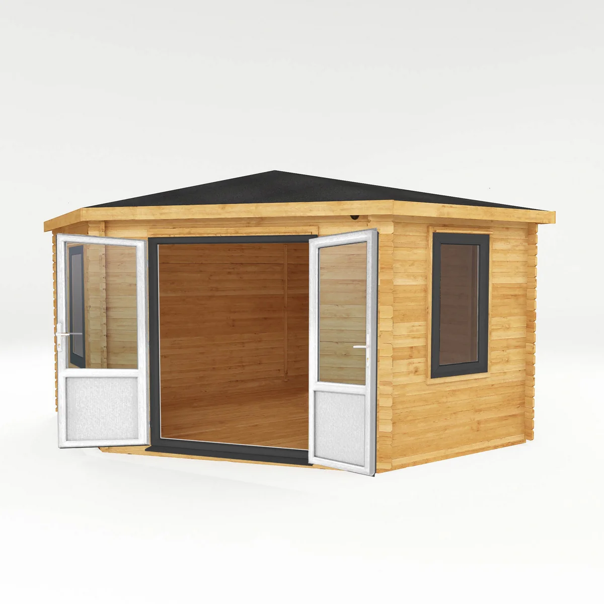 Mercia Corner 13' 7" x 13' 5" Hip Log Cabin - Premium 44mm Cladding Loglap - Grey UPVC - Image 7
