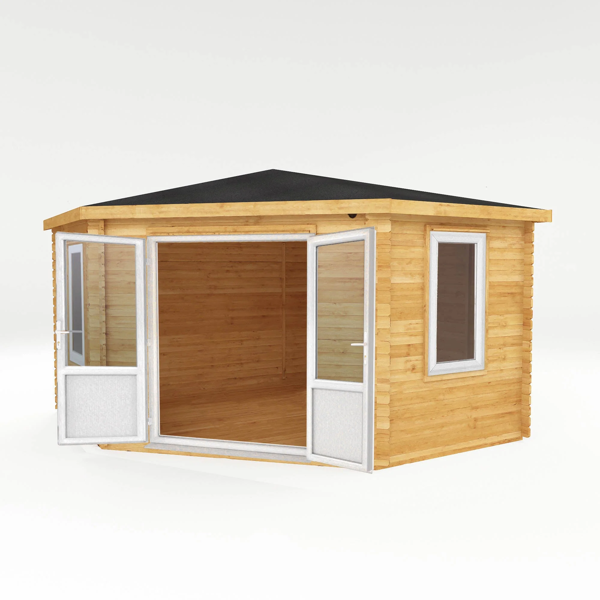 Mercia Corner 13' 7" x 13' 5" Hip Log Cabin - Premium 44mm Cladding Loglap - White UPVC - Image 10
