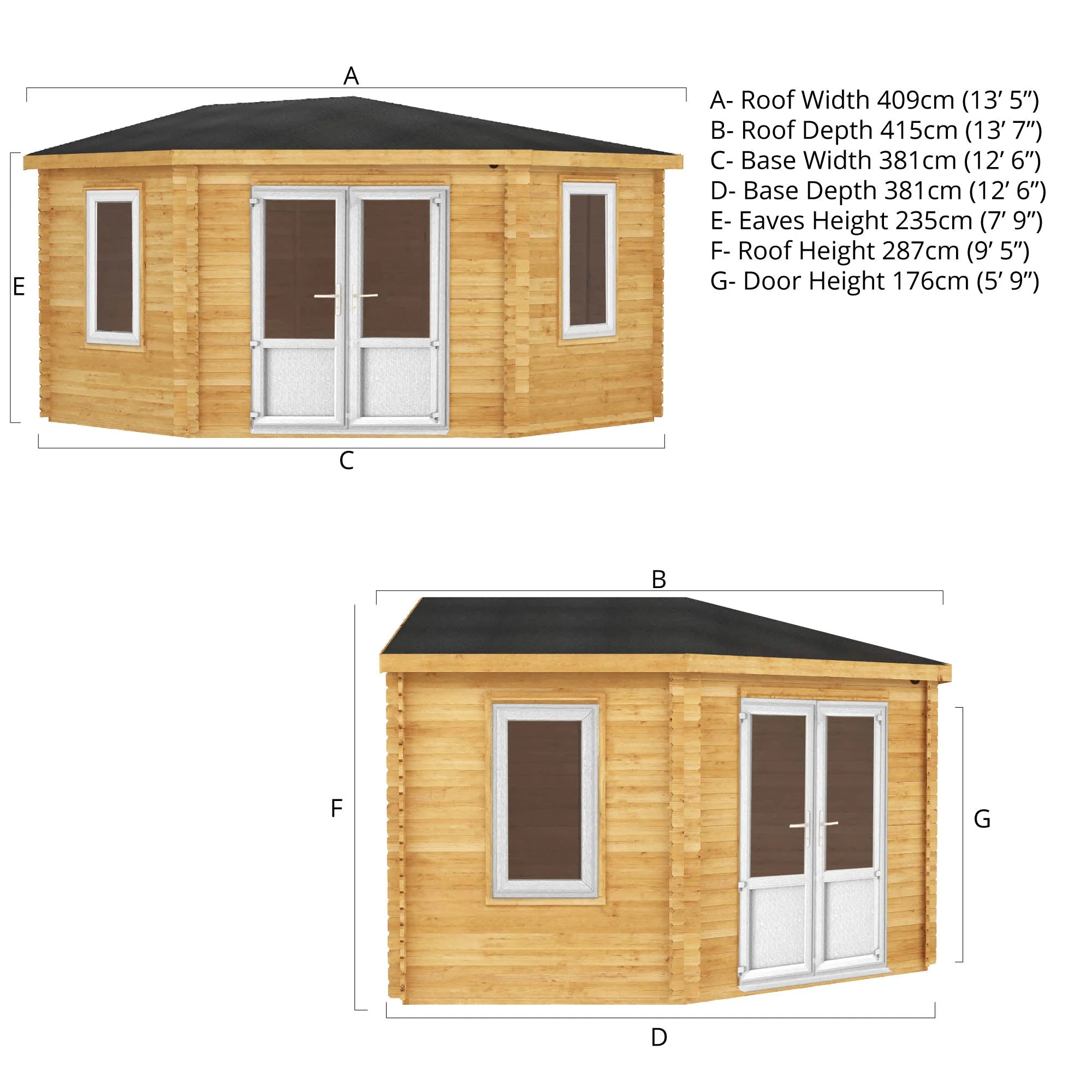 Mercia Corner 13' 7" x 13' 5" Hip Log Cabin - Premium 44mm Cladding Loglap - White UPVC - Image 12