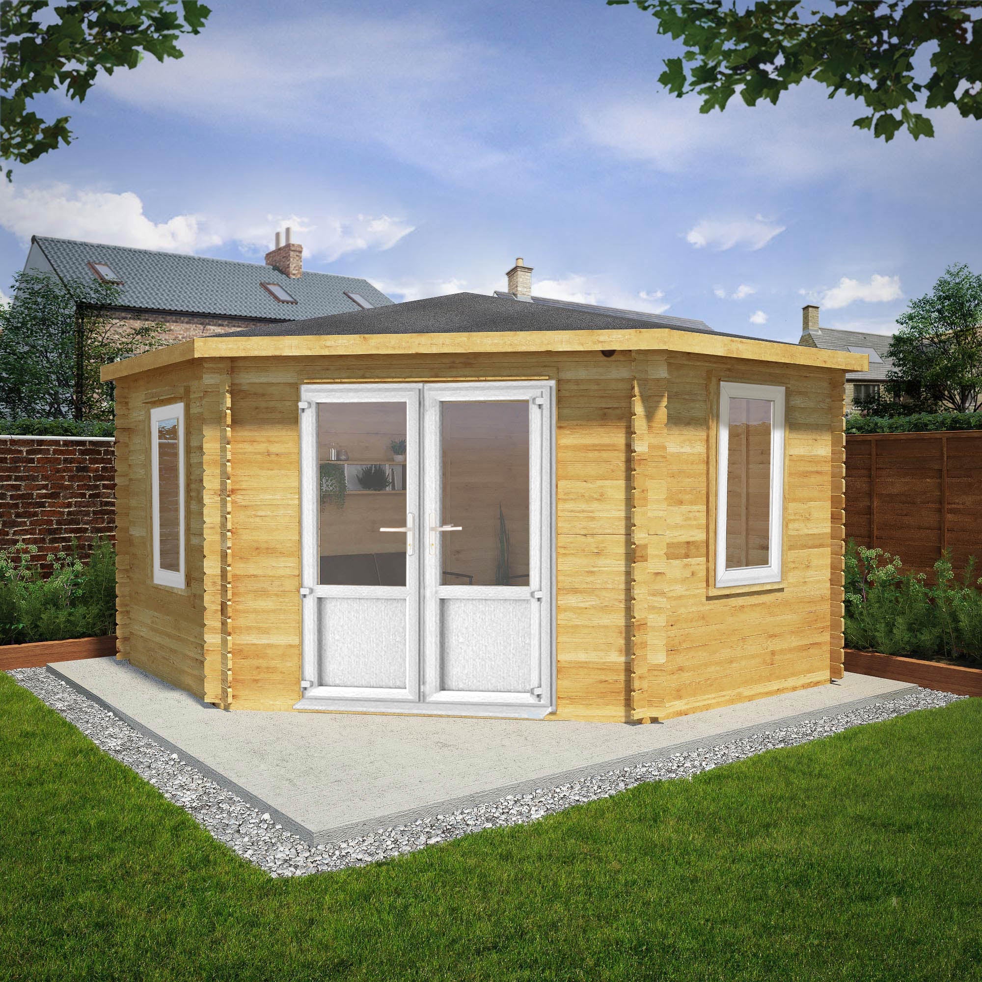 Mercia Corner 13' 7" x 13' 5" Hip Log Cabin - Premium 44mm Cladding Loglap - White UPVC - Image 2