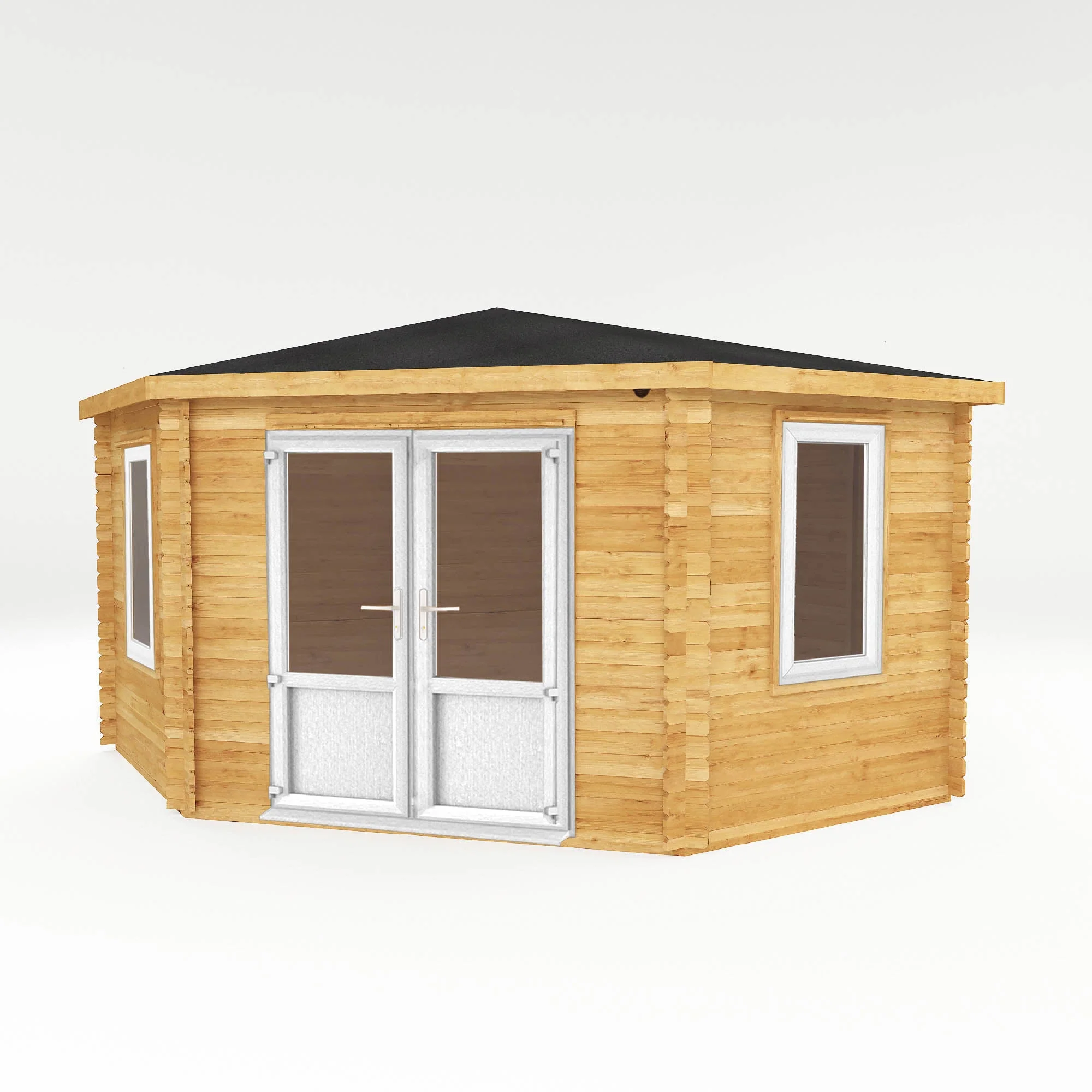 Mercia Corner 13' 7" x 13' 5" Hip Log Cabin - Premium 44mm Cladding Loglap - White UPVC - Image 9