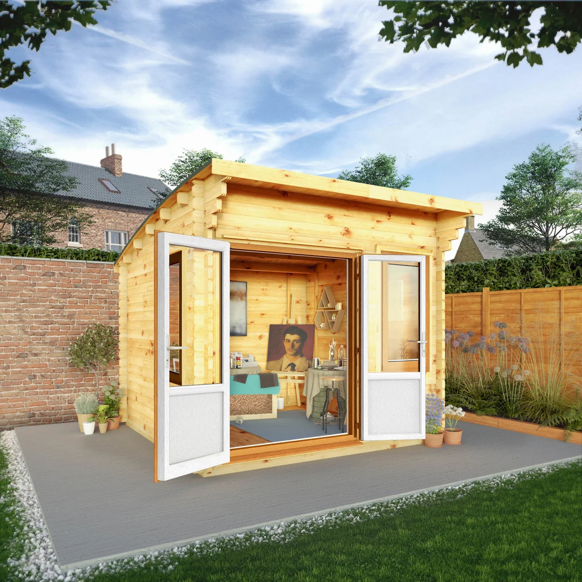 Mercia Helios 11' 5" x 10' Curved Log Cabin - Premium 44mm Cladding Loglap - Brown UPVC - Image 2