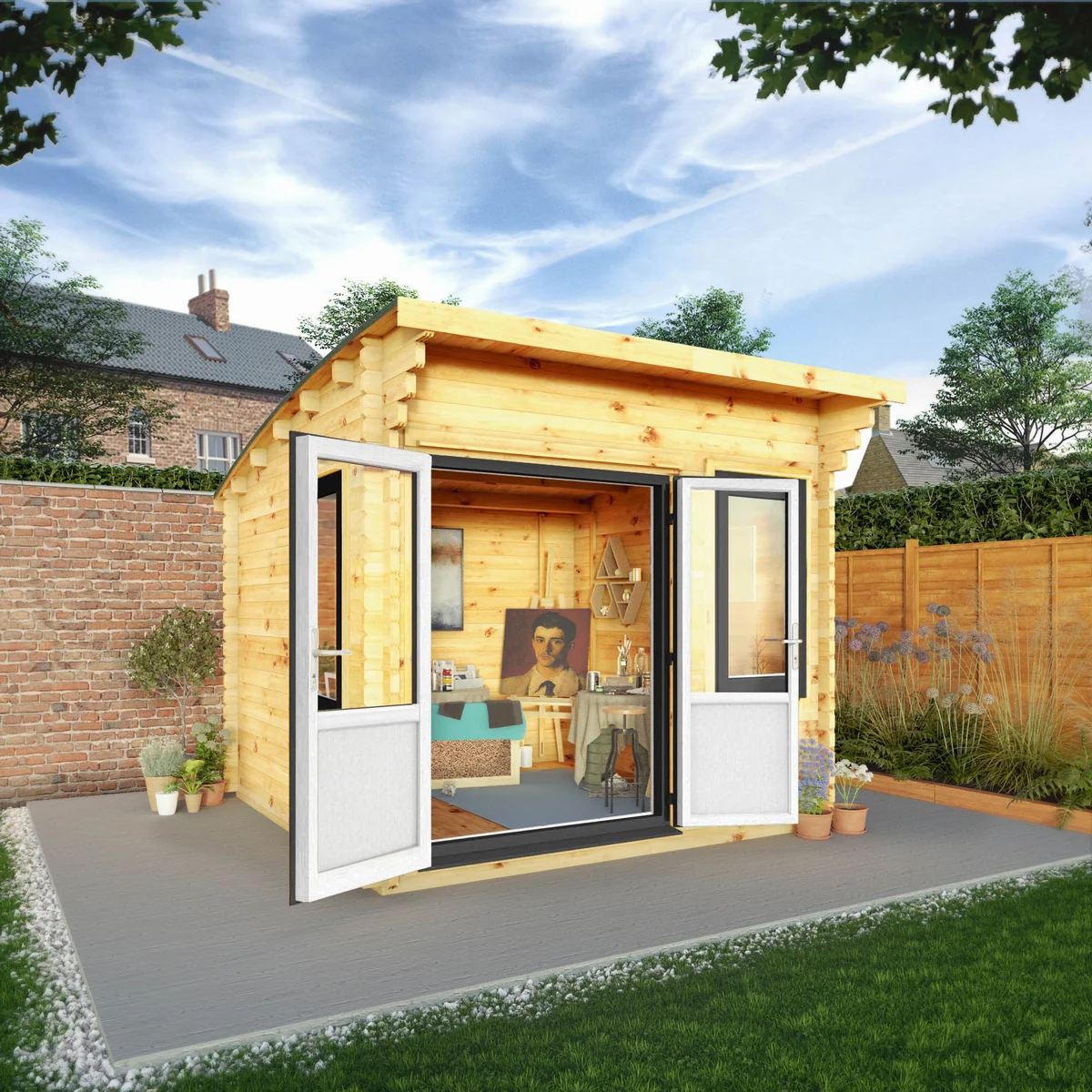 Mercia Helios 11' 5" x 10' Curved Log Cabin - Premium 44mm Cladding Loglap - Grey UPVC - Image 5
