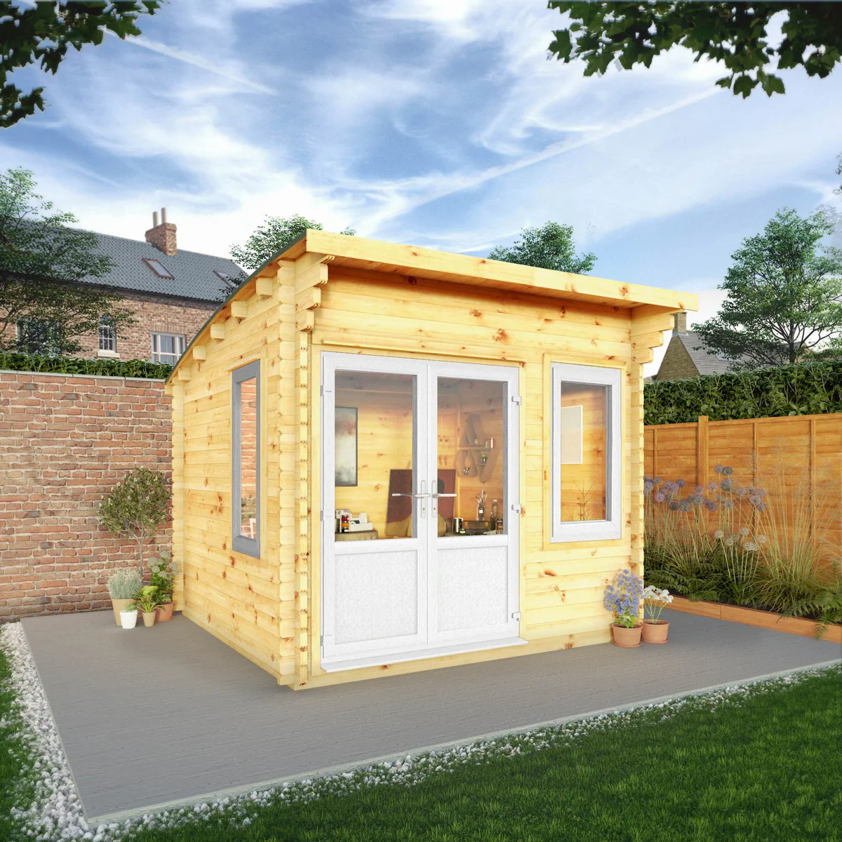 Mercia Helios 11' 5" x 10' Curved Log Cabin - Premium 44mm Cladding Loglap - White UPVC - Image 5