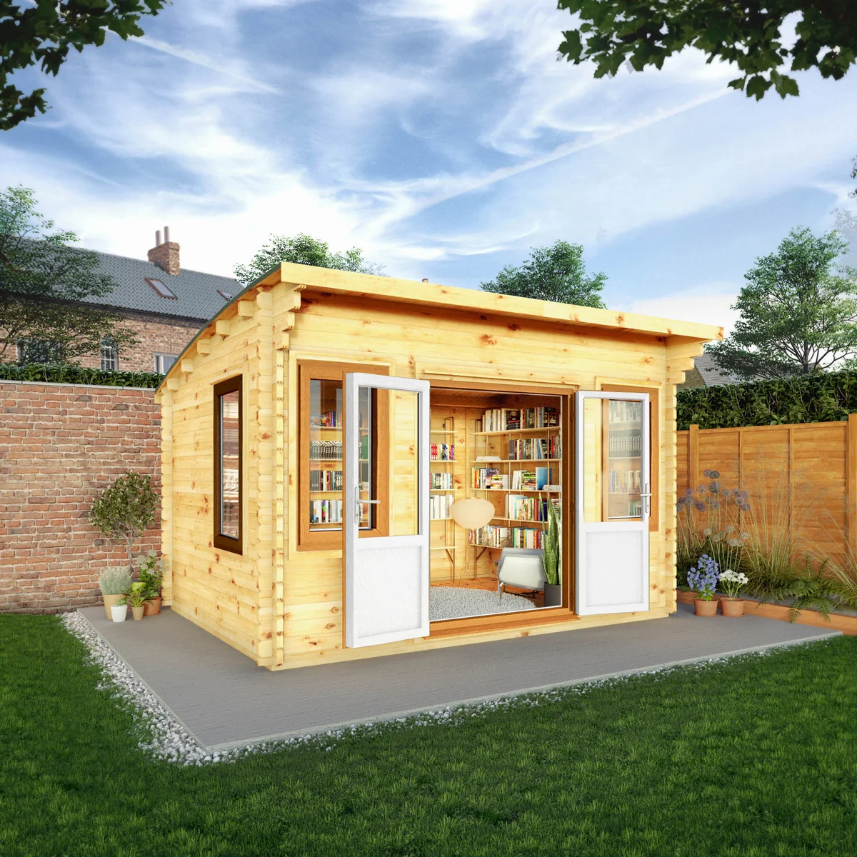 Mercia Helios 11' 5" x 13' 4" Curved Log Cabin - Premium 44mm Cladding Loglap - Brown UPVC - Image 2