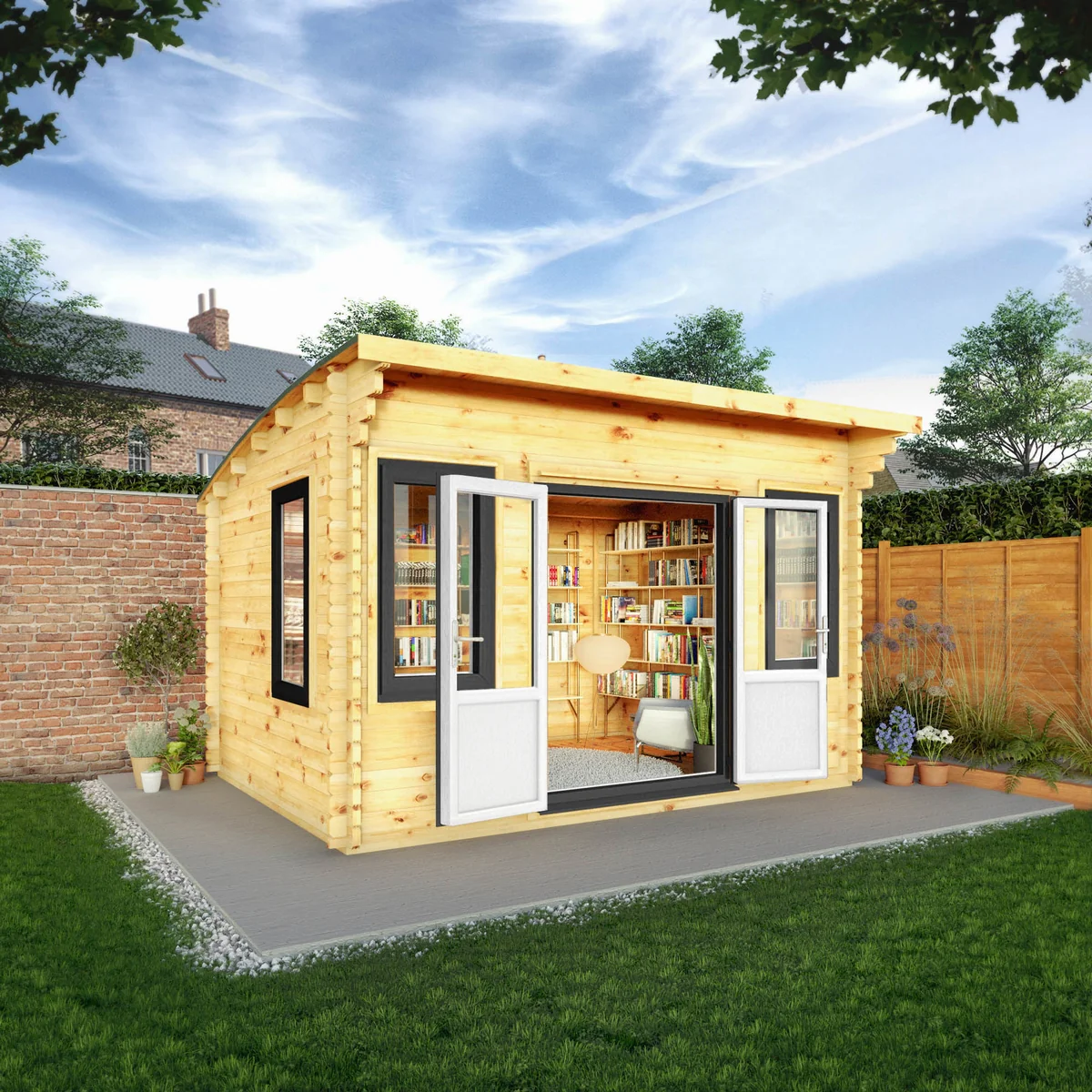 Mercia Helios 11' 5" x 13' 4" Curved Log Cabin - Premium 44mm Cladding Loglap - Grey UPVC - Image 2