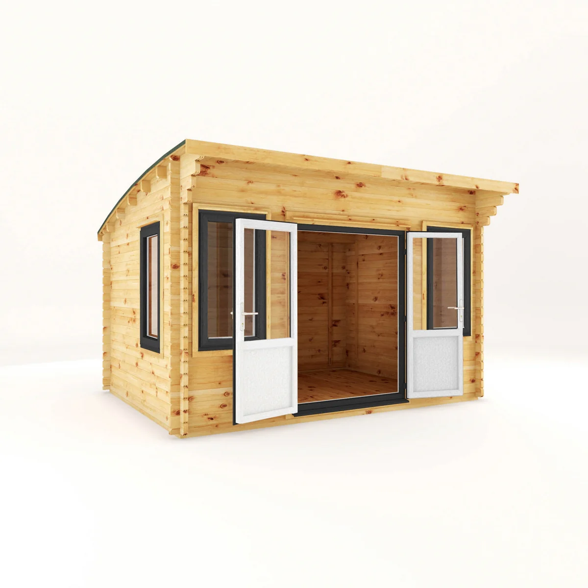 Mercia Helios 11' 5" x 13' 4" Curved Log Cabin - Premium 44mm Cladding Loglap - Grey UPVC - Image 7