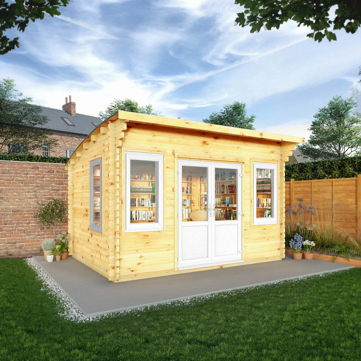 Mercia Helios 11' 5" x 13' 4" Curved Log Cabin - Premium 44mm Cladding Loglap - White UPVC - Image 5