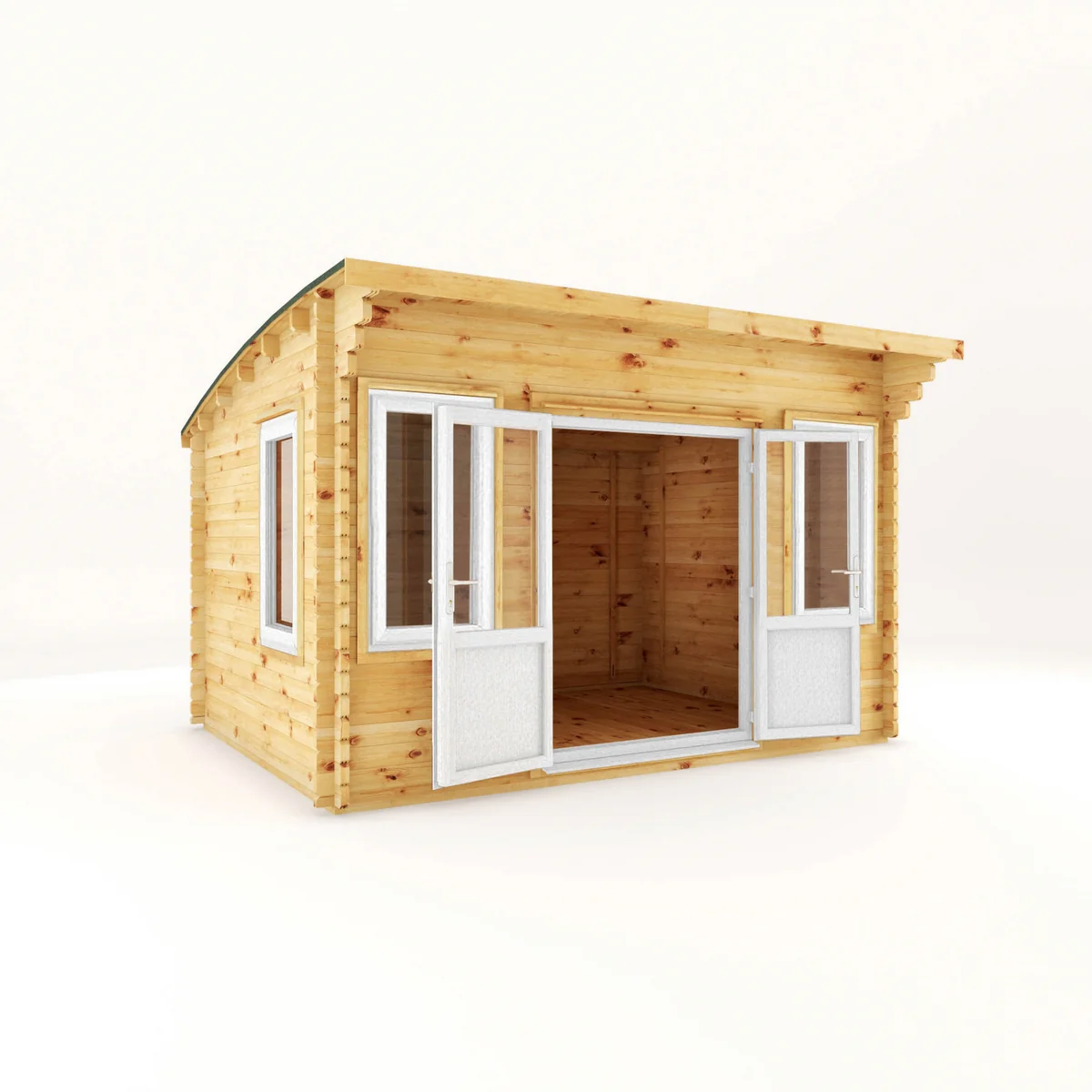 Mercia Helios 11' 5" x 13' 4" Curved Log Cabin - Premium 44mm Cladding Loglap - White UPVC - Image 7