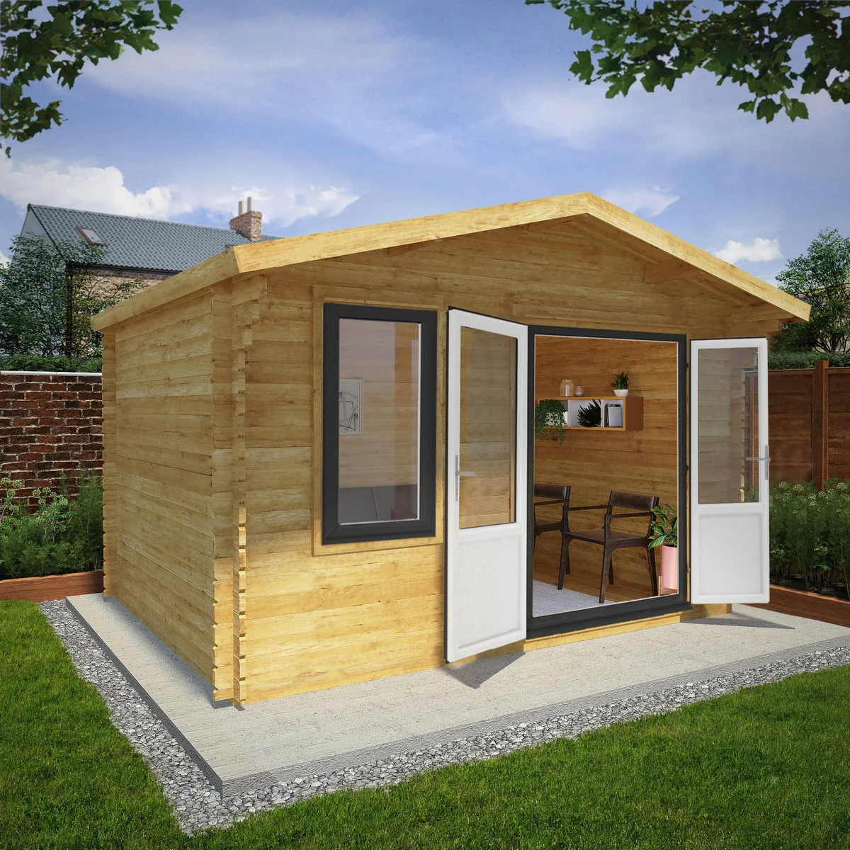 Mercia Retreat 11' 3" x 13' 6" Apex Log Cabin - Premium 44mm Cladding Loglap - Grey UPVC - Image 2