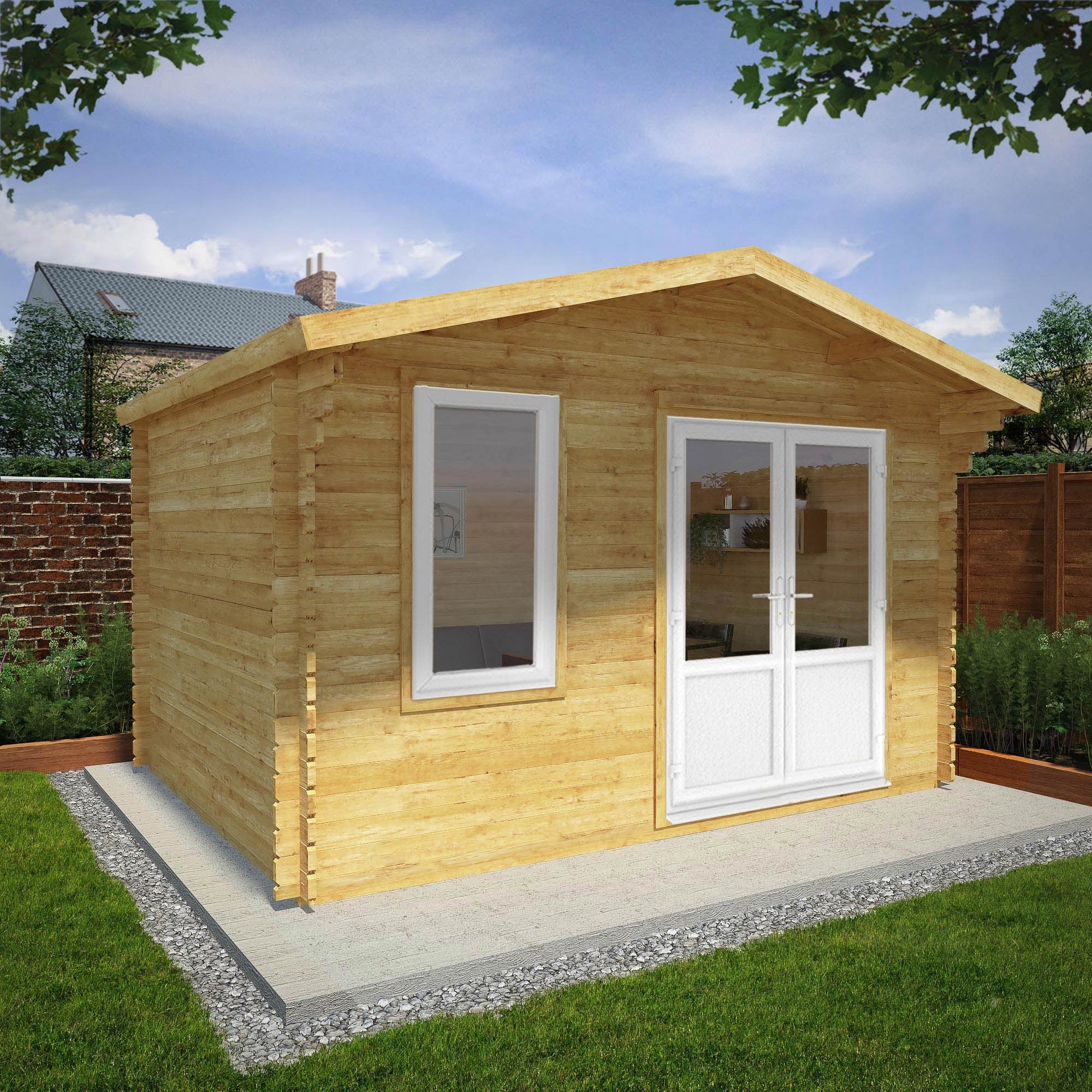 Mercia Retreat 11' 3" x 13' 6" Apex Log Cabin - Premium 44mm Cladding Loglap - White UPVC - Image 2
