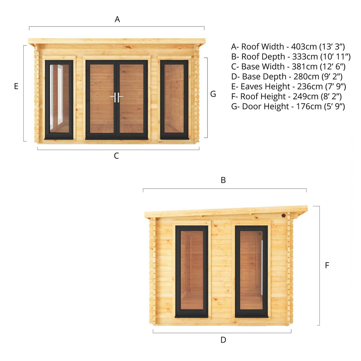 Mercia Studio 10' 11" x 13' 2" Pent Log Cabin - Premium 44mm Cladding Loglap - Grey UPVC - Image 10