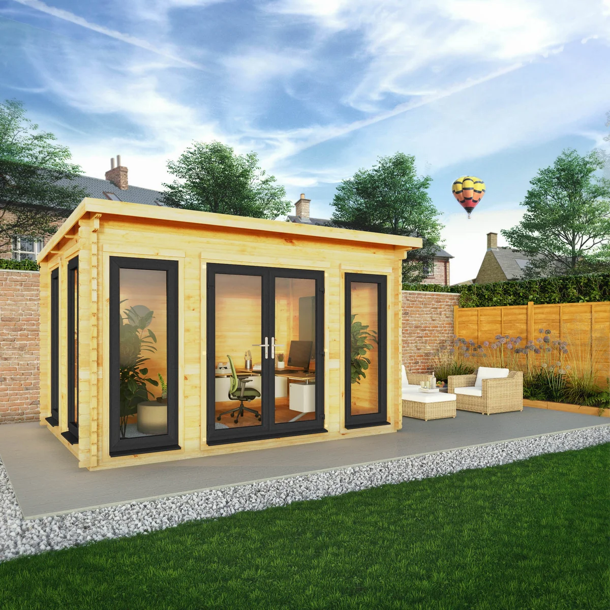 Mercia Studio 10' 11" x 13' 2" Pent Log Cabin - Premium 44mm Cladding Loglap - Grey UPVC - Image 8