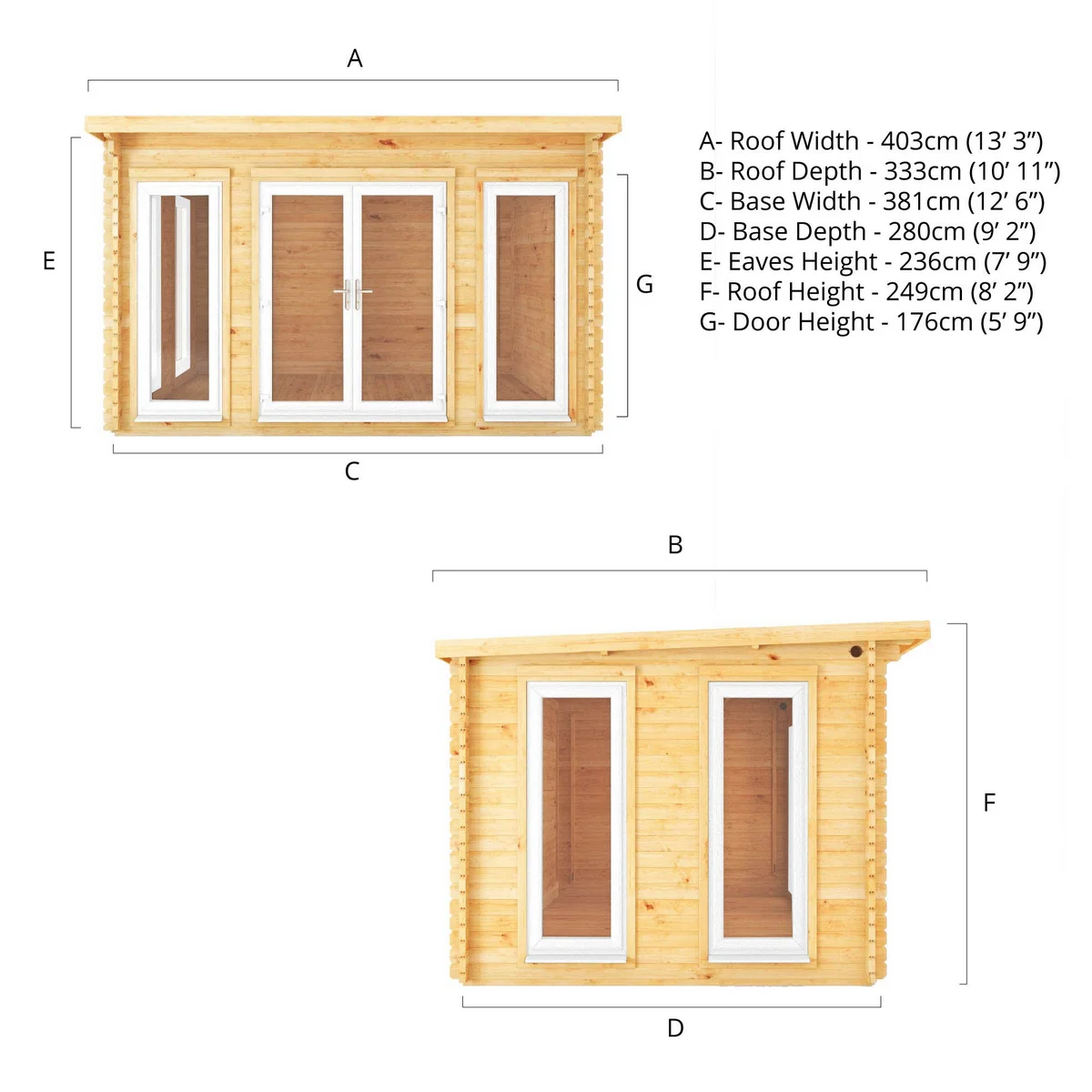 Mercia Studio 10' 11" x 13' 2" Pent Log Cabin - Premium 44mm Cladding Loglap - White UPVC - Image 10