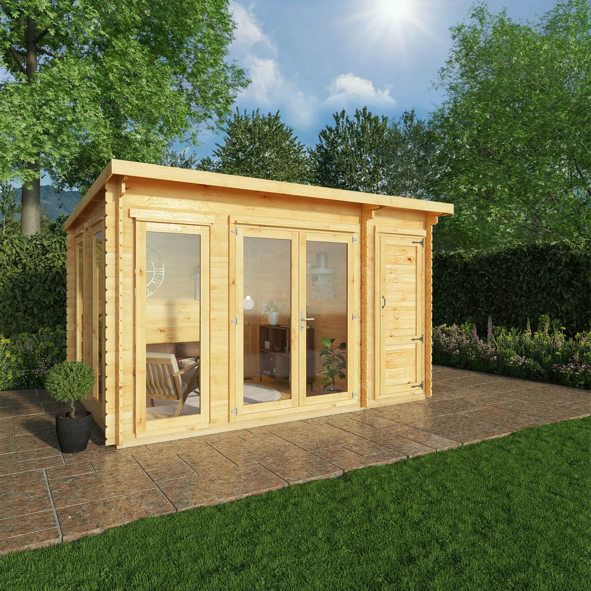 Mercia Studio 10' 11" x 13' 6" Pent Cabin with Shed - Premium 28mm Cladding Loglap - Image 6