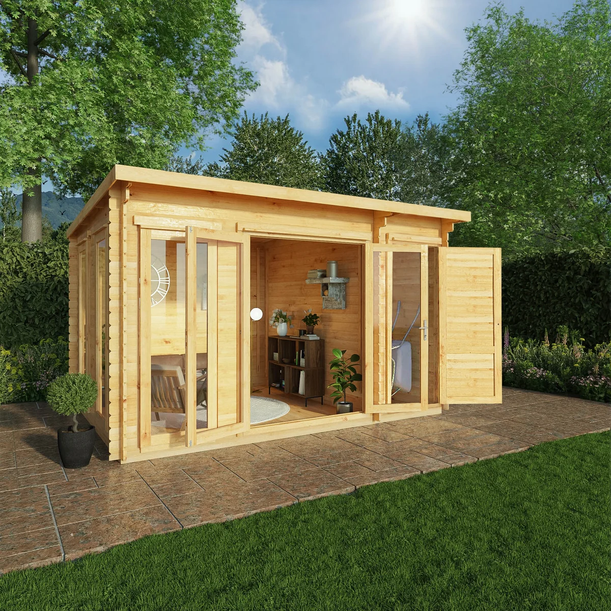 Mercia Studio 10' 11" x 13' 6" Pent Cabin with Shed - Premium 44mm Cladding Loglap