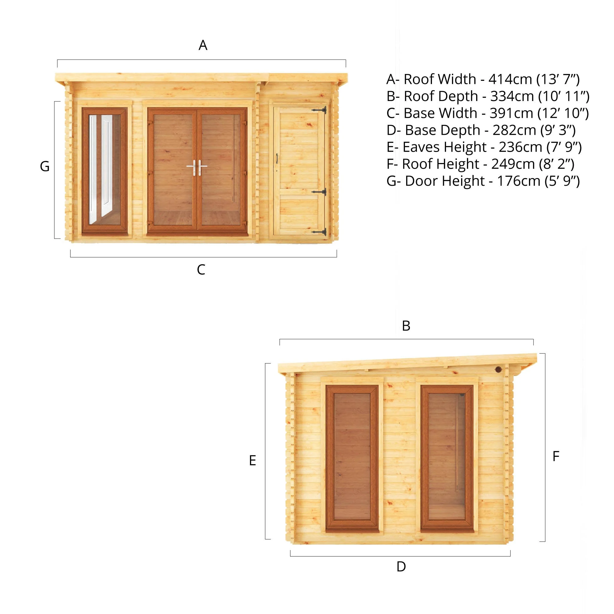 Mercia Studio 10' 11" x 13' 6" Pent Cabin with Shed - Premium 44mm Cladding Loglap - Brown UPVC - Image 12
