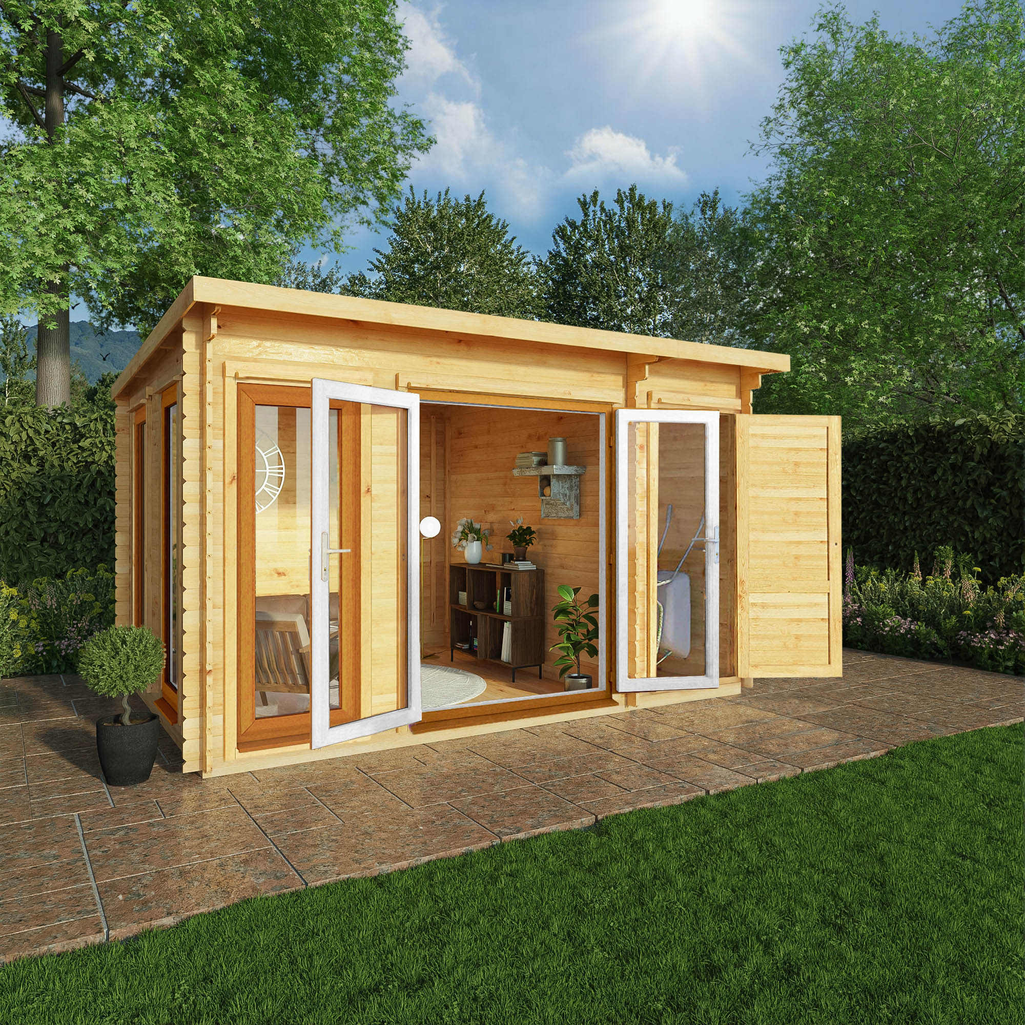 Mercia Studio 10' 11" x 13' 6" Pent Cabin with Shed - Premium 44mm Cladding Loglap - Brown UPVC - Image 2