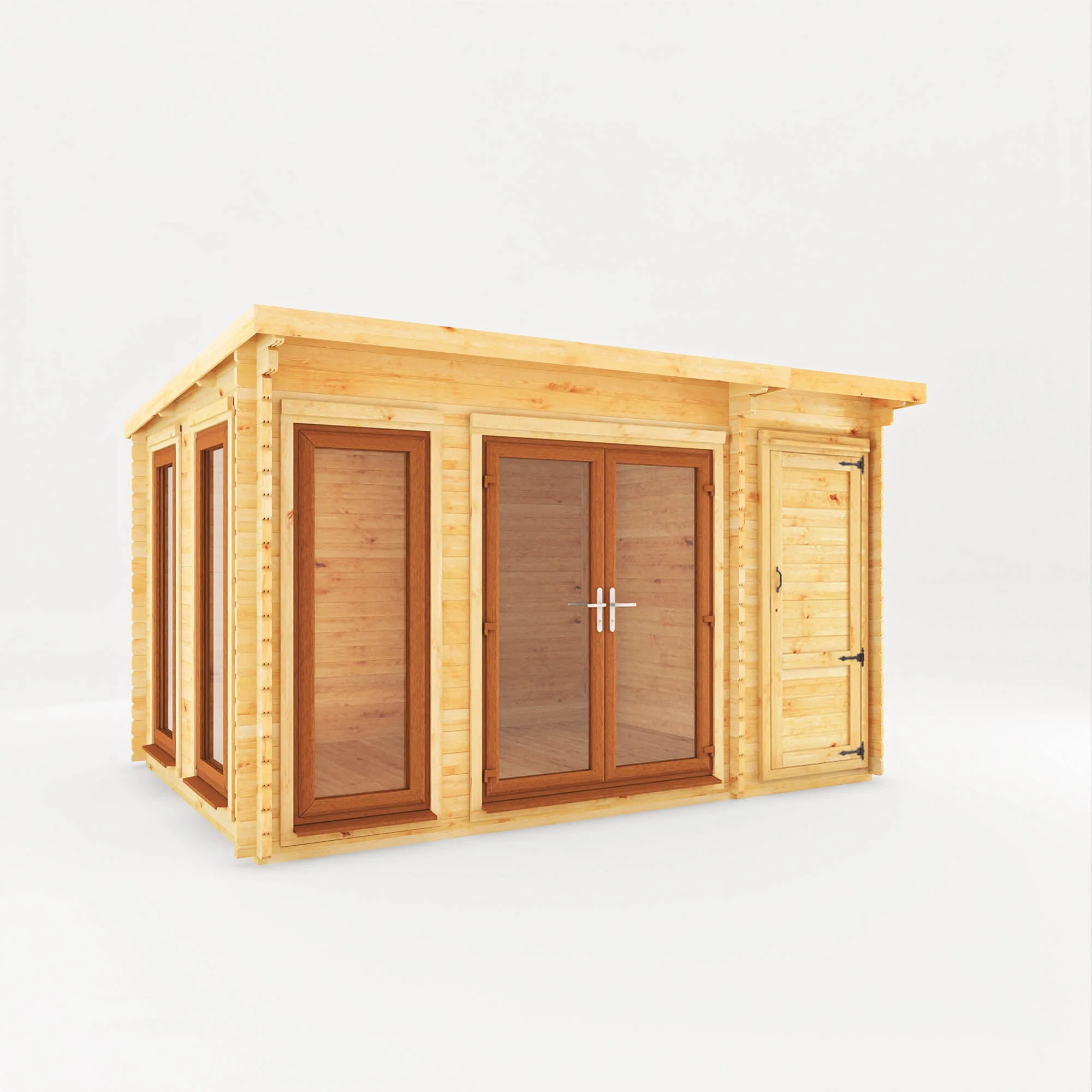 Mercia Studio 10' 11" x 13' 6" Pent Cabin with Shed - Premium 44mm Cladding Loglap - Brown UPVC - Image 8