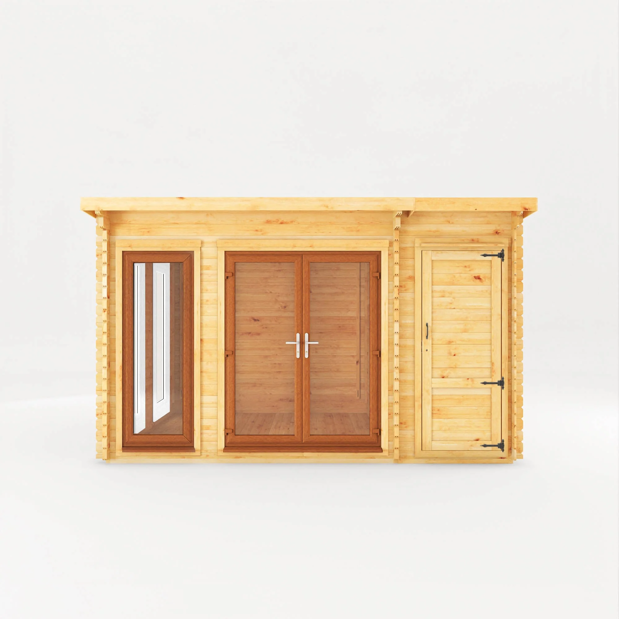 Mercia Studio 10' 11" x 13' 6" Pent Cabin with Shed - Premium 44mm Cladding Loglap - Brown UPVC - Image 9