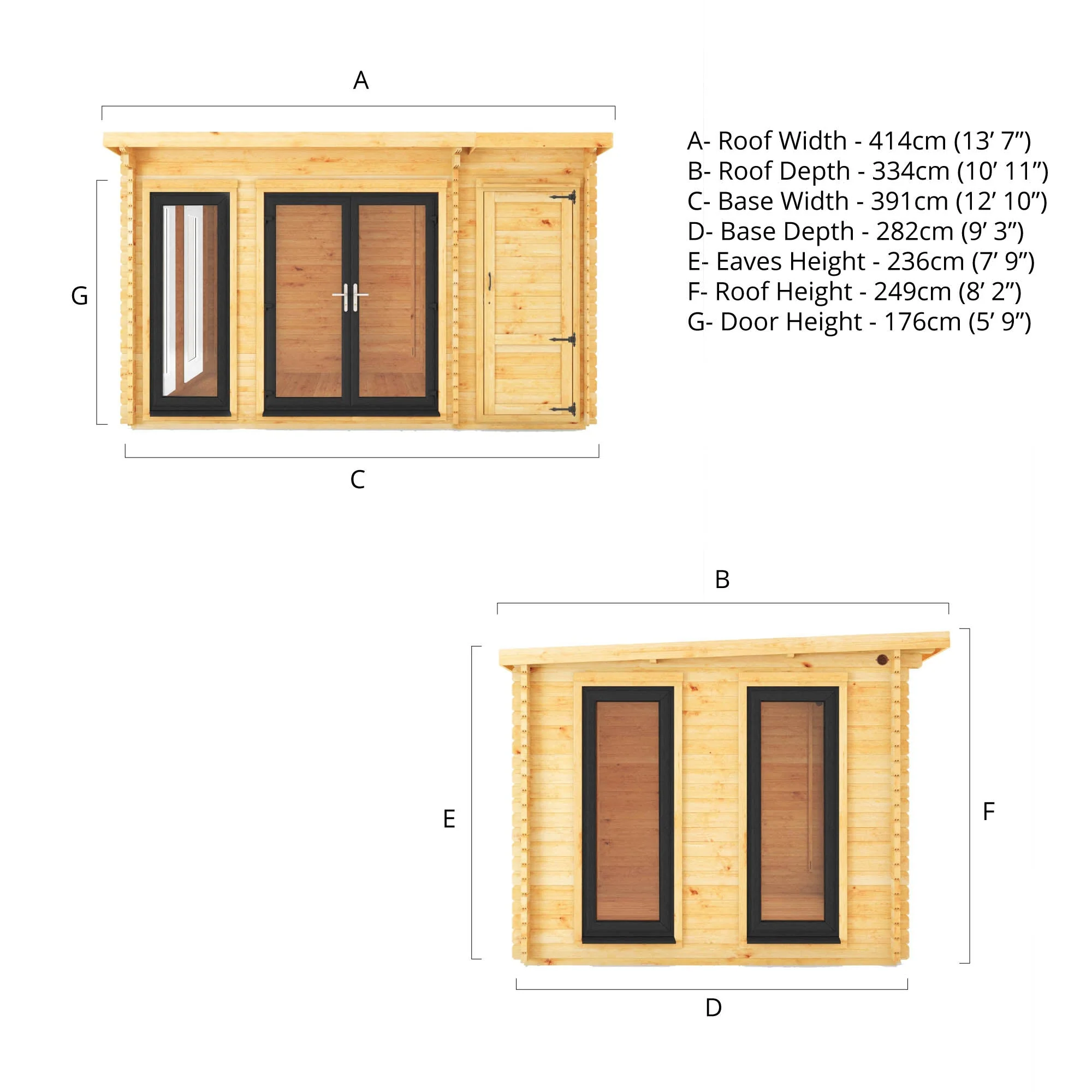 Mercia Studio 10' 11" x 13' 6" Pent Cabin with Shed - Premium 44mm Cladding Loglap - Grey UPVC - Image 12