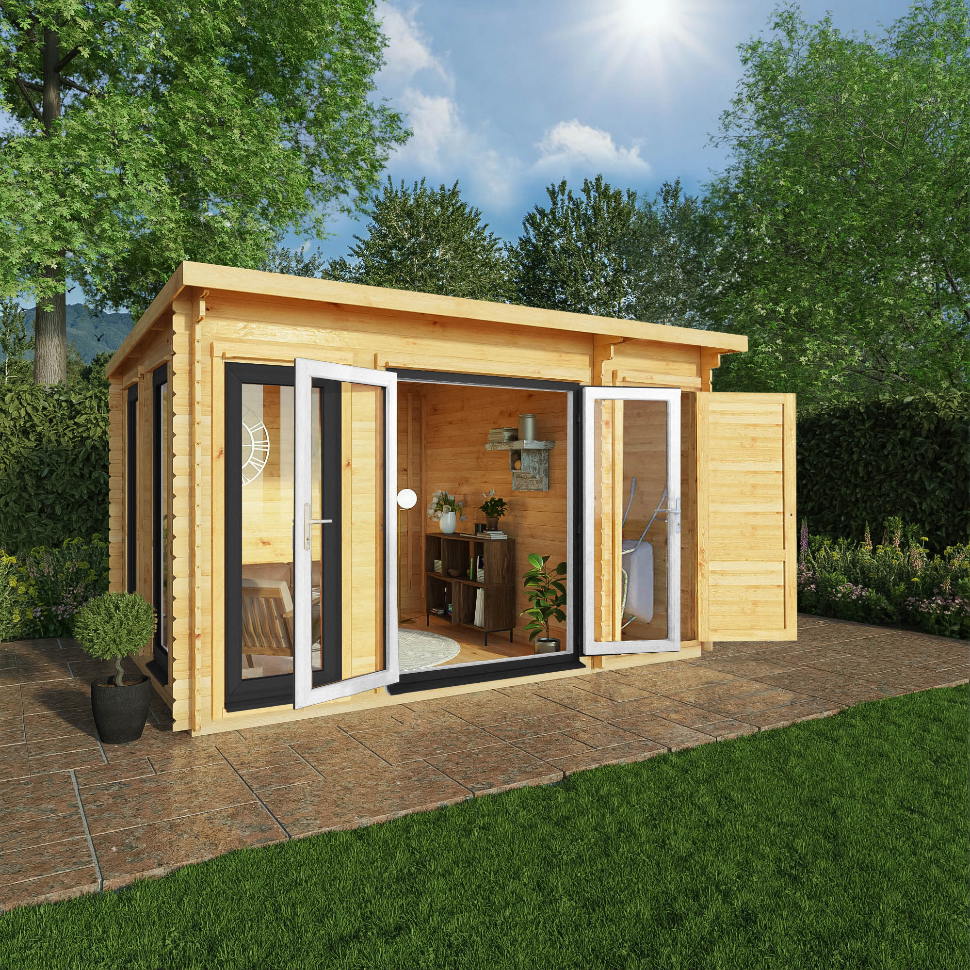 Mercia Studio 10' 11" x 13' 6" Pent Cabin with Shed - Premium 44mm Cladding Loglap - Grey UPVC - Image 2