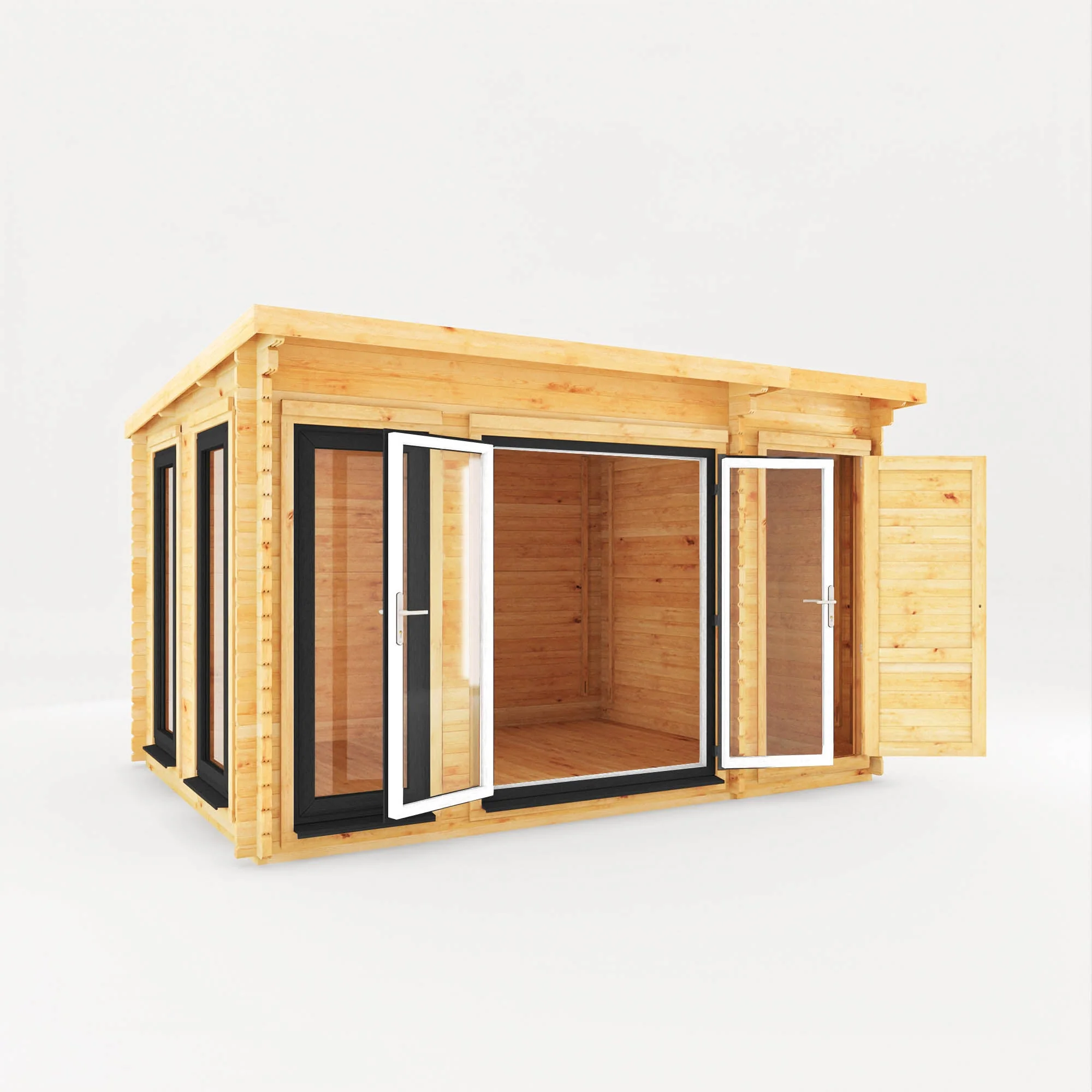 Mercia Studio 10' 11" x 13' 6" Pent Cabin with Shed - Premium 44mm Cladding Loglap - Grey UPVC - Image 7