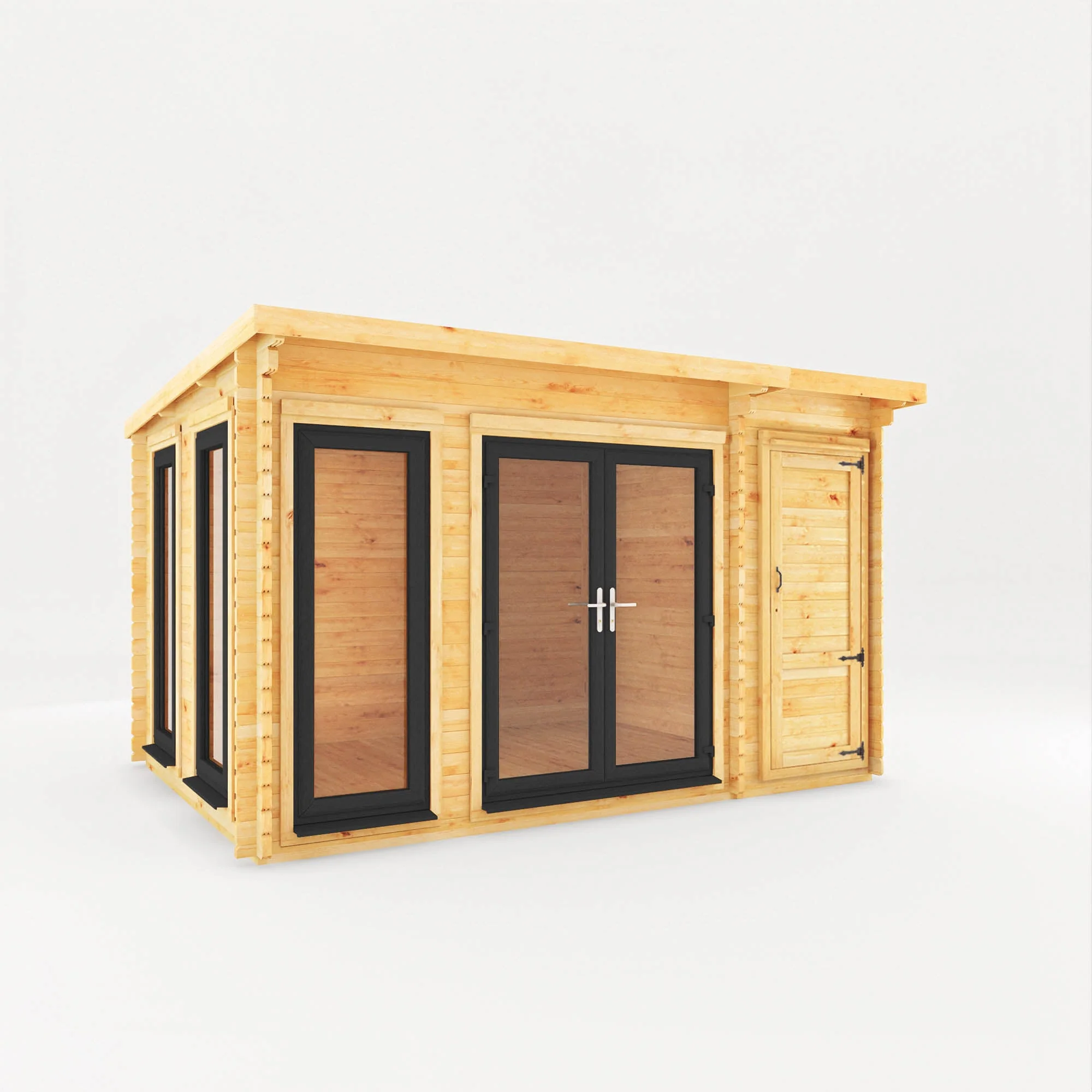 Mercia Studio 10' 11" x 13' 6" Pent Cabin with Shed - Premium 44mm Cladding Loglap - Grey UPVC - Image 8