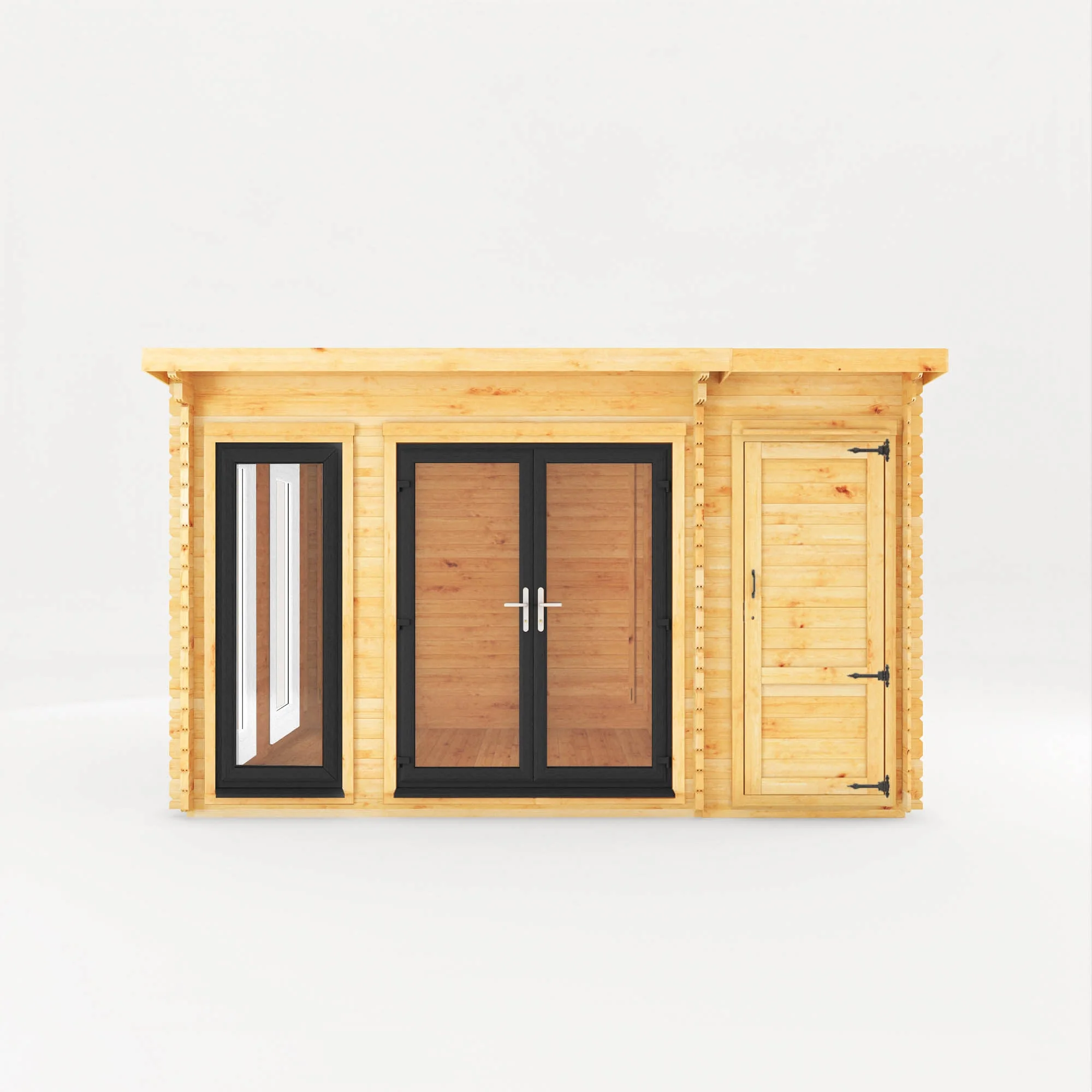 Mercia Studio 10' 11" x 13' 6" Pent Cabin with Shed - Premium 44mm Cladding Loglap - Grey UPVC - Image 9
