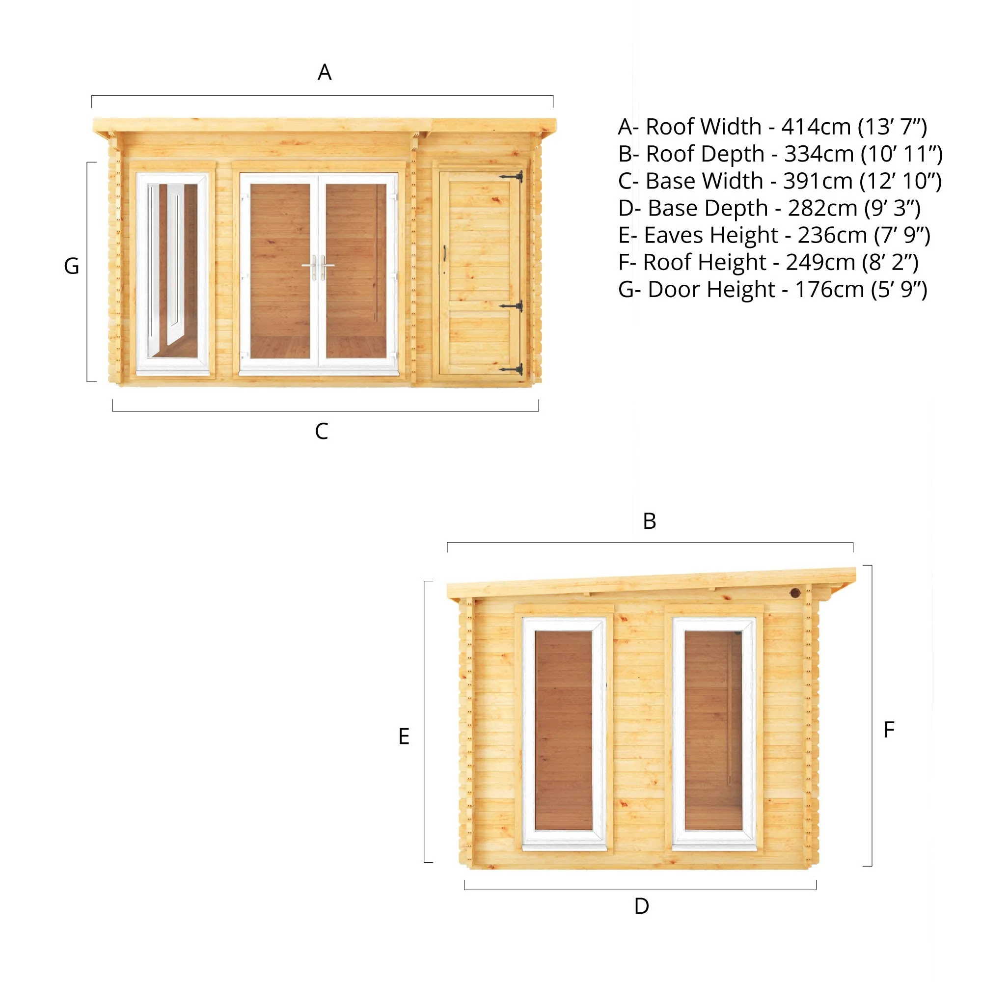 Mercia Studio 10' 11" x 13' 6" Pent Cabin with Shed - Premium 44mm Cladding Loglap - White UPVC - Image 11