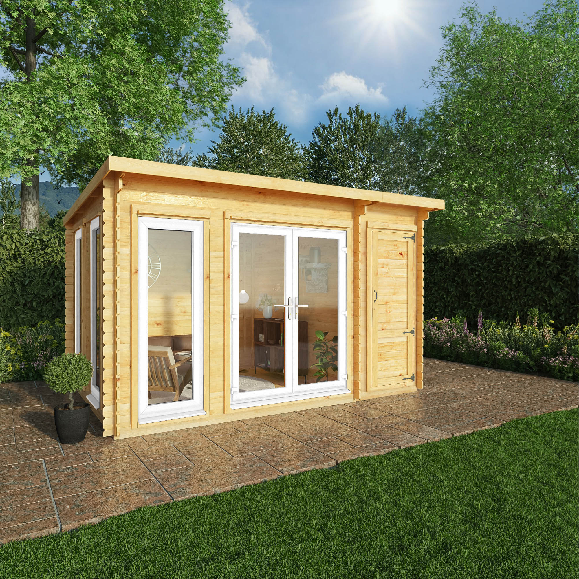 Mercia Studio 10' 11" x 13' 6" Pent Cabin with Shed - Premium 44mm Cladding Loglap - White UPVC - Image 2