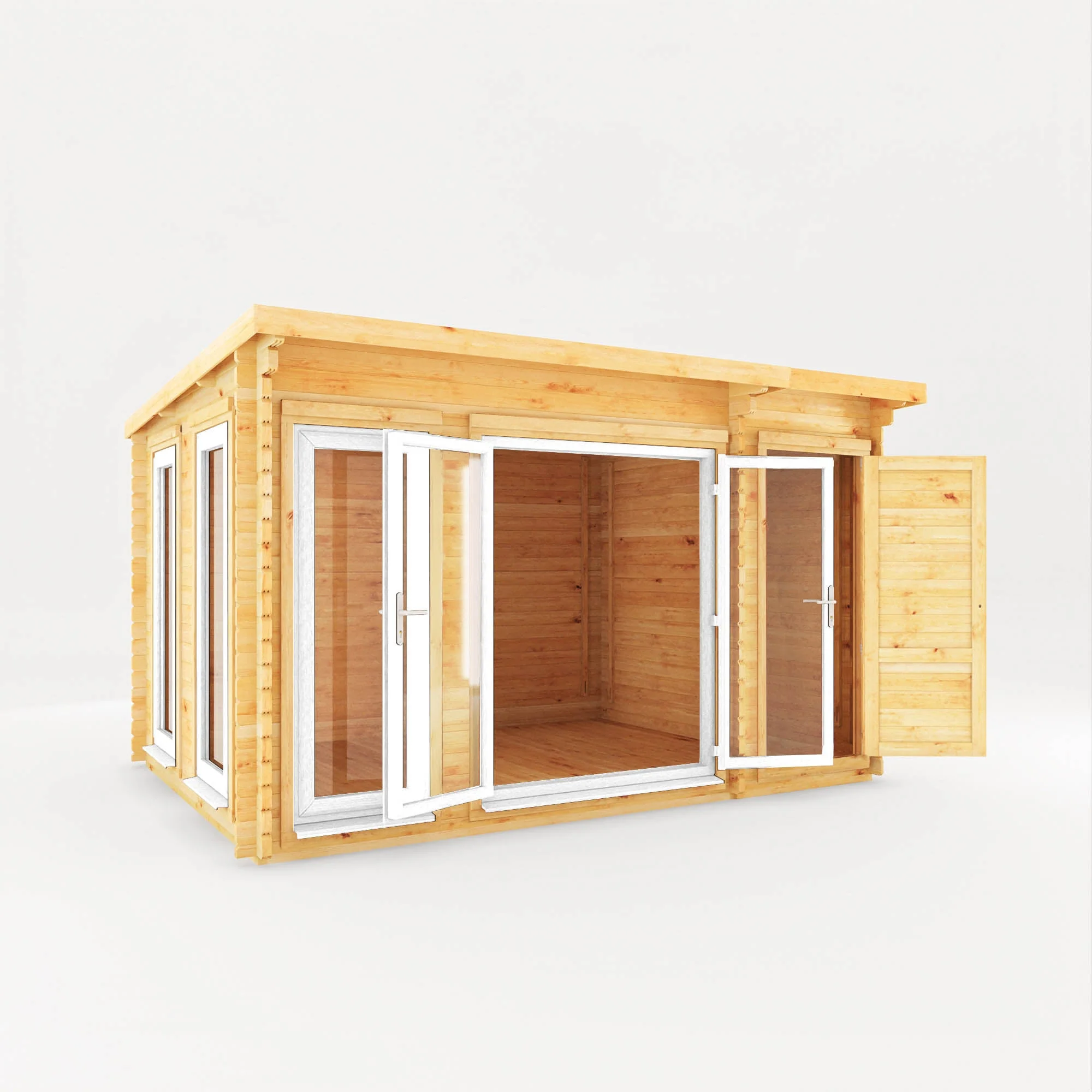 Mercia Studio 10' 11" x 13' 6" Pent Cabin with Shed - Premium 44mm Cladding Loglap - White UPVC - Image 7