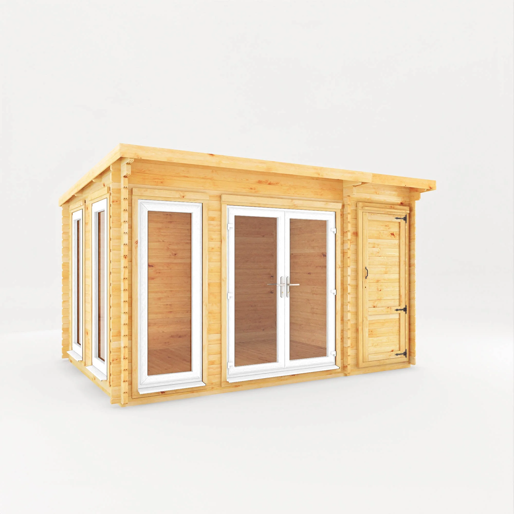 Mercia Studio 10' 11" x 13' 6" Pent Cabin with Shed - Premium 44mm Cladding Loglap - White UPVC - Image 8