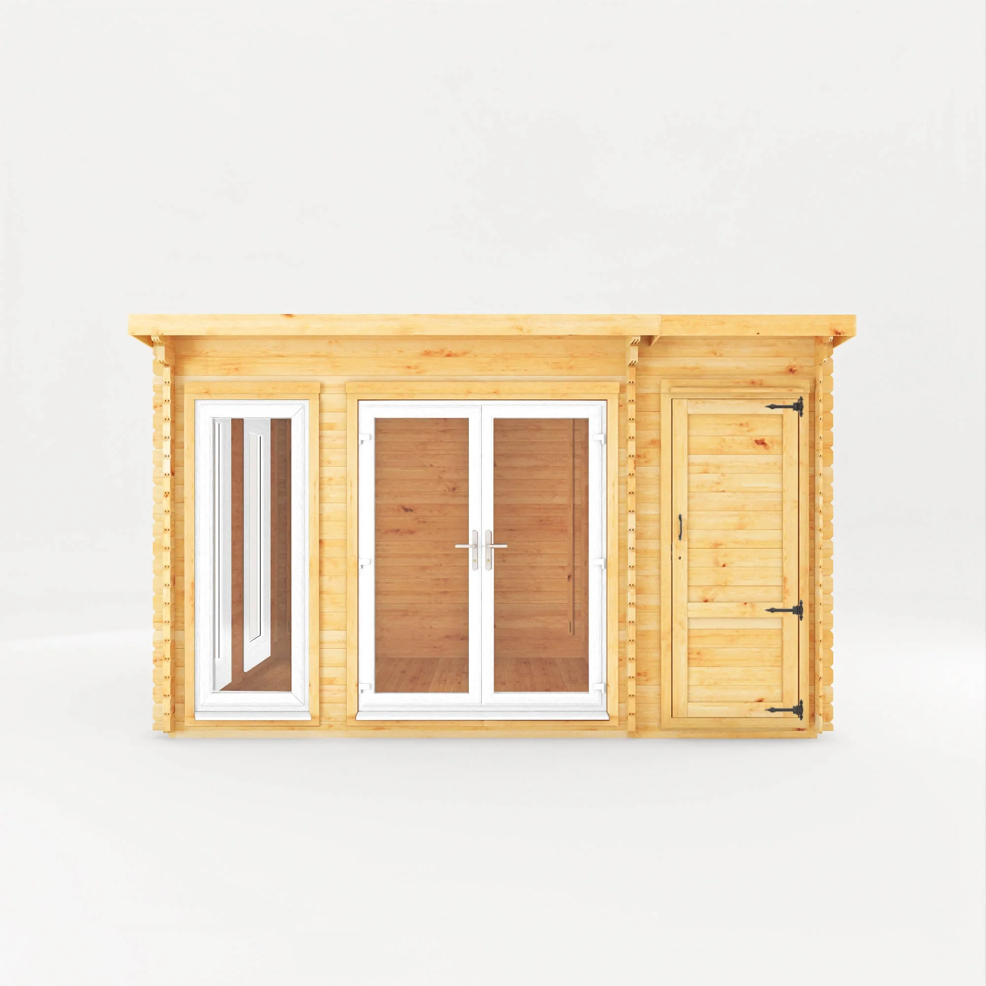Mercia Studio 10' 11" x 13' 6" Pent Cabin with Shed - Premium 44mm Cladding Loglap - White UPVC - Image 9