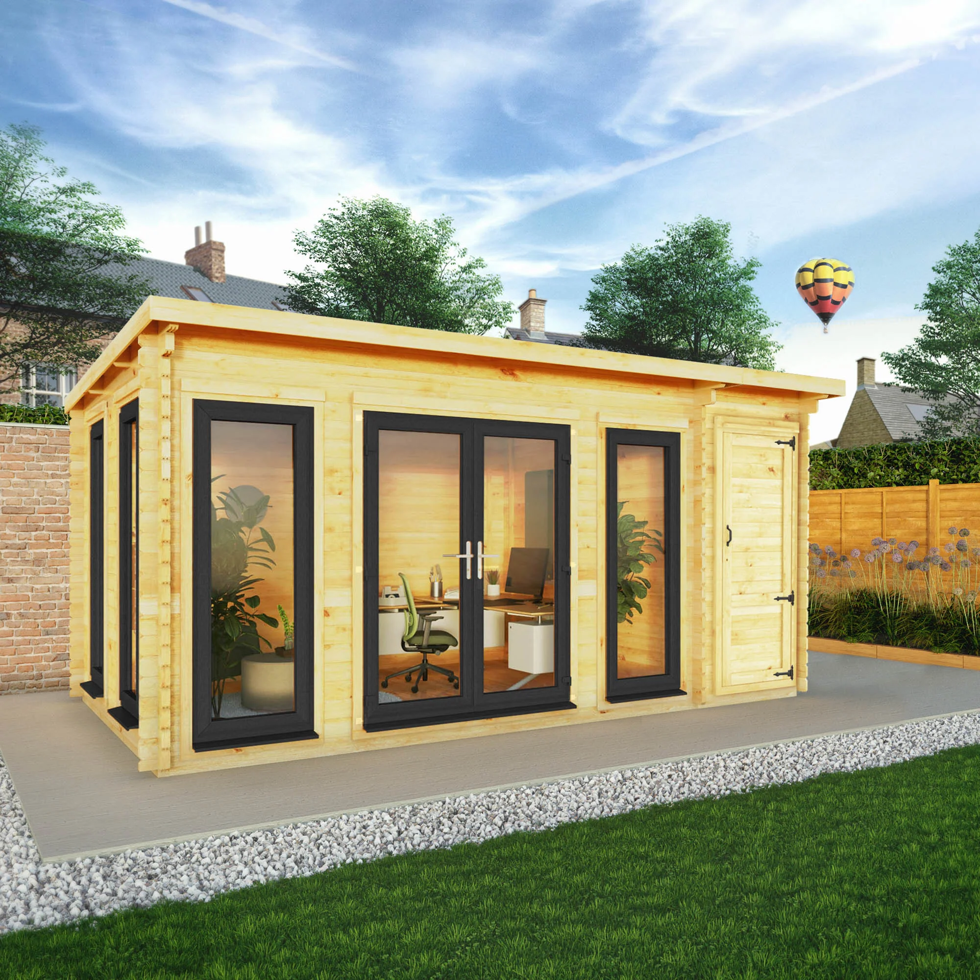 Mercia Studio 10' 11" x 16' 10" Pent Cabin with Shed - Premium 44mm Cladding Loglap - Grey UPVC - Image 2