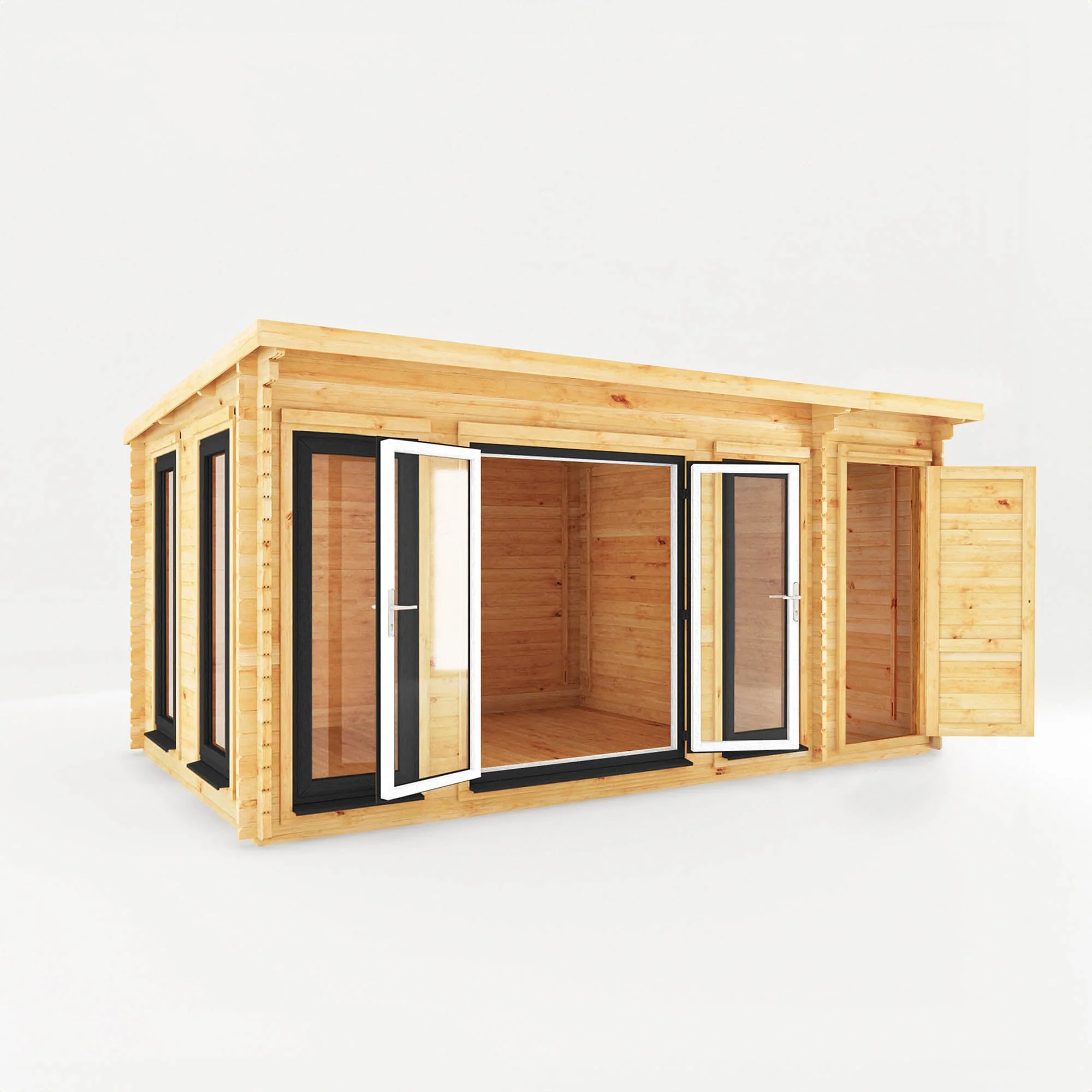 Mercia Studio 10' 11" x 16' 10" Pent Cabin with Shed - Premium 44mm Cladding Loglap - Grey UPVC - Image 7