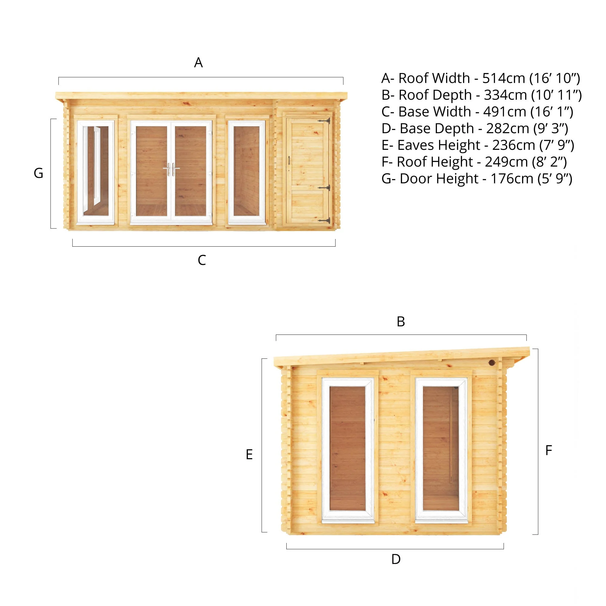 Mercia Studio 10' 11" x 16' 10" Pent Cabin with Shed - Premium 44mm Cladding Loglap - White UPVC - Image 10