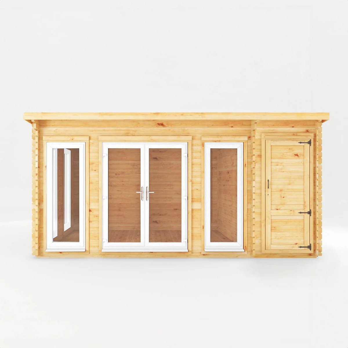 Mercia Studio 10' 11" x 16' 10" Pent Cabin with Shed - Premium 44mm Cladding Loglap - White UPVC - Image 5